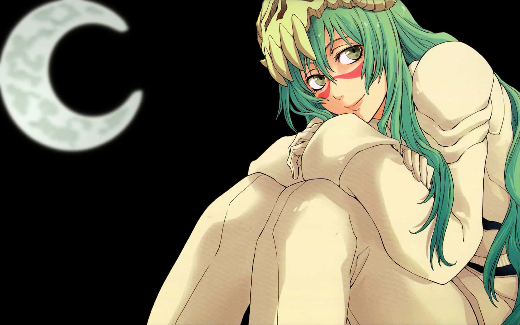 Nelliel Tu Odelschwanck 桌布 壁紙 — 一個綠髮紅眼標記的動漫女孩在黑色天空下的新月彎月抱緊自己。