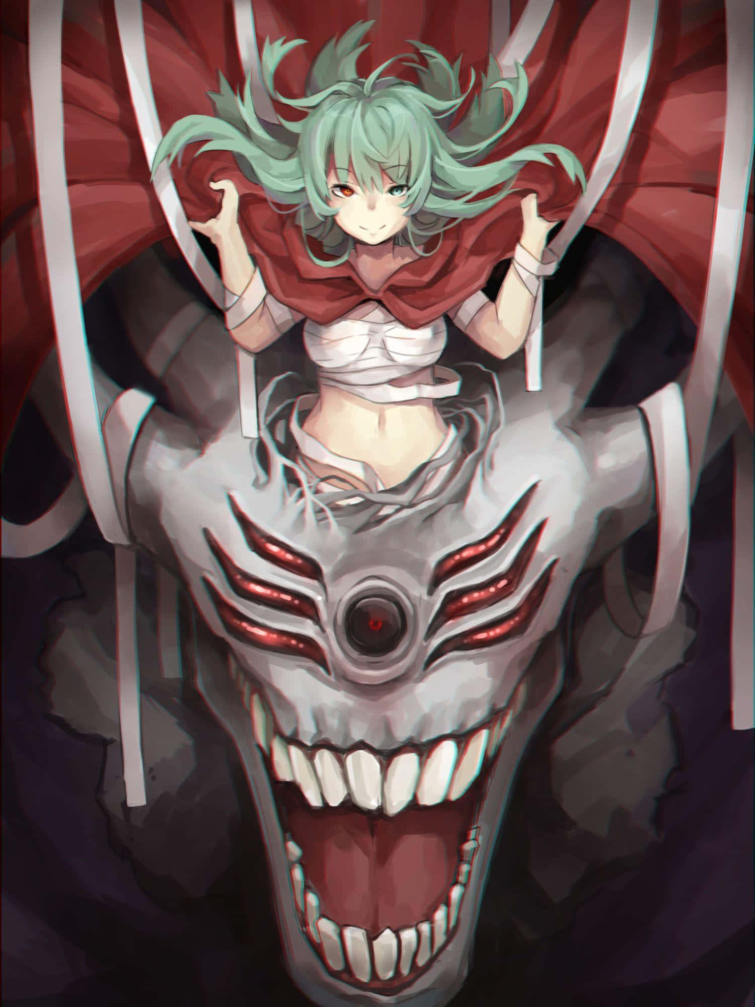 Eto Yoshimura 桌布 壁紙 — 一個綠髮紅眼的動漫女孩坐在一個巨大的機械龍頭骨上，龍頭骨有發光的紅眼睛和尖銳的牙齒。