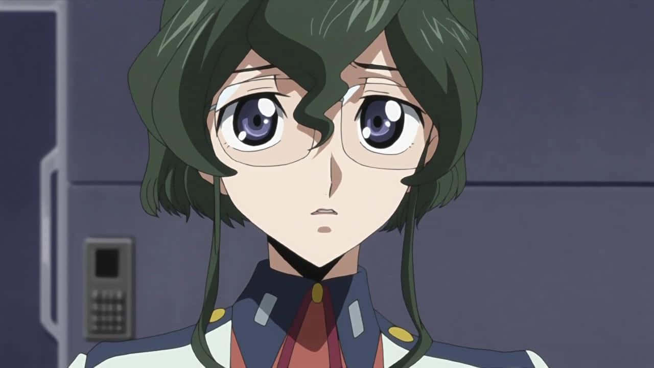 Nina Einstein 桌布 壁紙 — 一個綠髮紫眼的動漫女孩戴著眼鏡和軍裝的特寫。