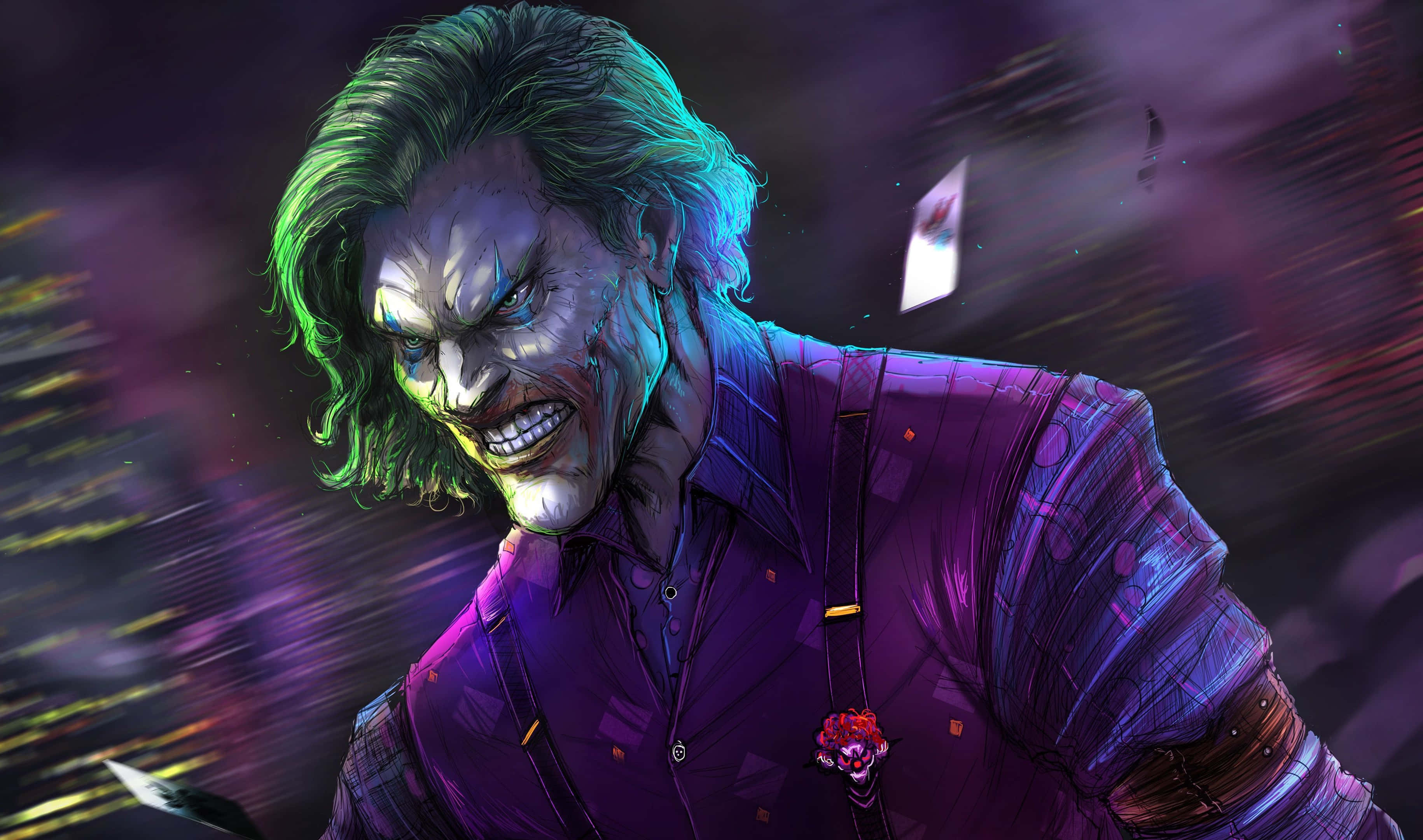 Joker Painting 桌布 壁紙 — 一個綠髮紫西裝的威脅性小丑，在模糊混亂的背景前冷笑。