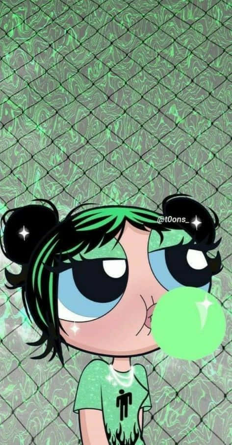 Buttercup Aesthetic 桌布 壁紙 — 一個綠髮藍眼的卡通女孩在鐵絲網圍欄後面吹出一個發光的綠色泡泡糖泡泡。