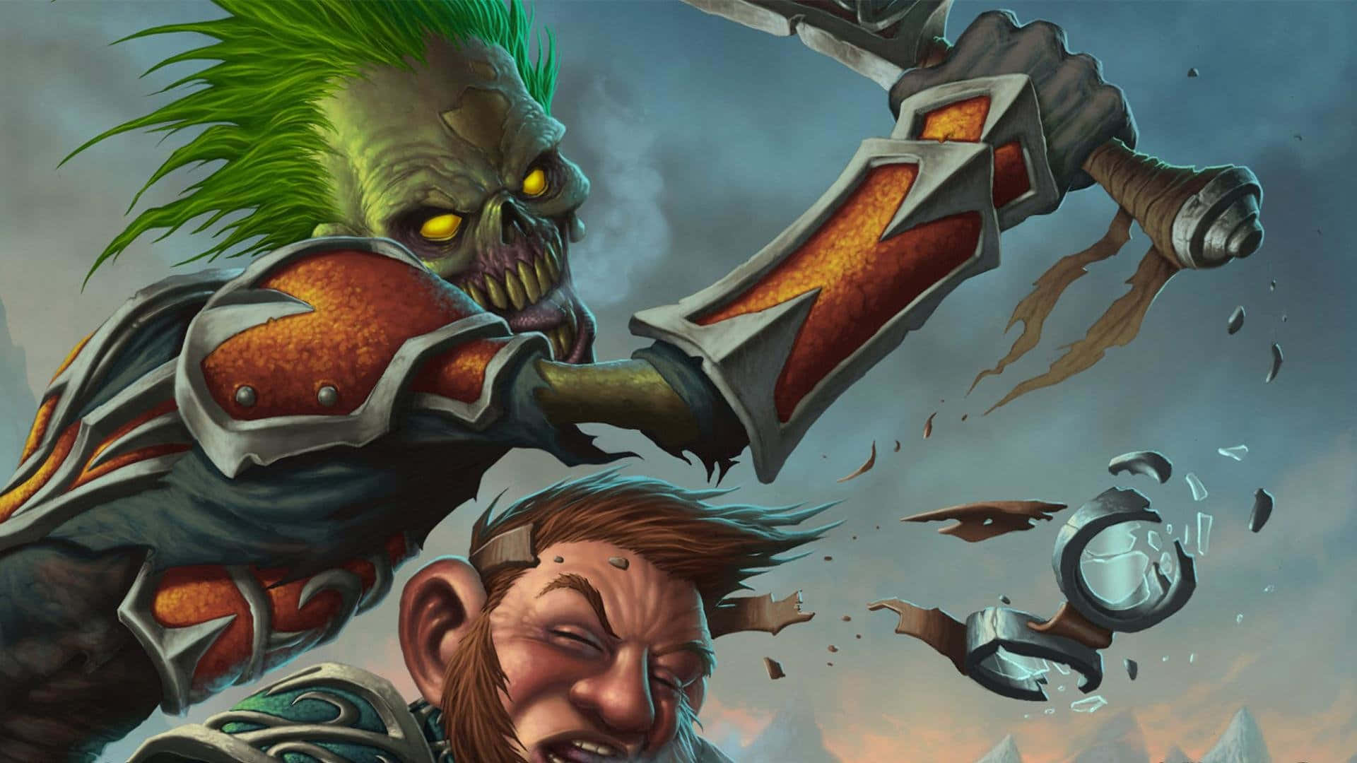 World Of Warcraft 1920x1080 桌布 壁紙 — 一個綠髮骷髏戰士揮舞著發光的劍，向一個驚恐萬分的男人砍去，同時一個破碎的時鐘在空中飛過。