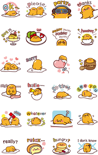 蛋黃哥 桌布 壁紙 — 一個網格，上面有可愛的黃色 Gudetama 角色，在黑色背景上透過文字標籤表達各種情緒。