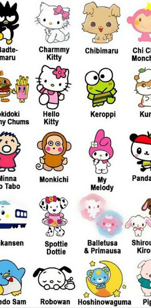 三麗鷗角色 桌布 壁紙 — 一個網格，包含Hello Kitty、Keroppi和My Melody等色彩繽紛的可愛卡通角色，背景為白色。