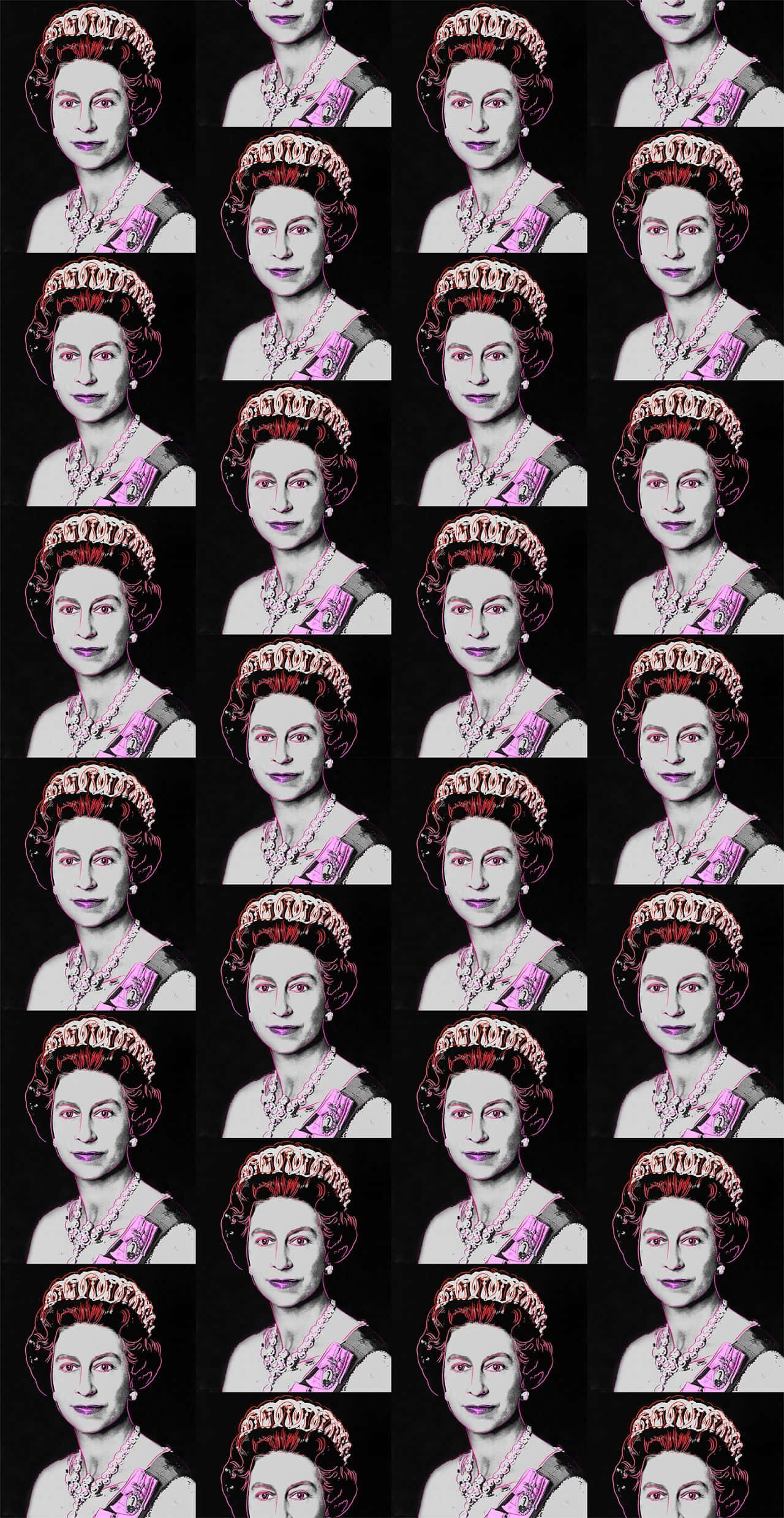 Queen Elizabeth 桌布 壁紙 — 一個網格，包含一位穿著皇室服飾、帶有粉紅色點綴的女性相同肖像，背景為黑色。