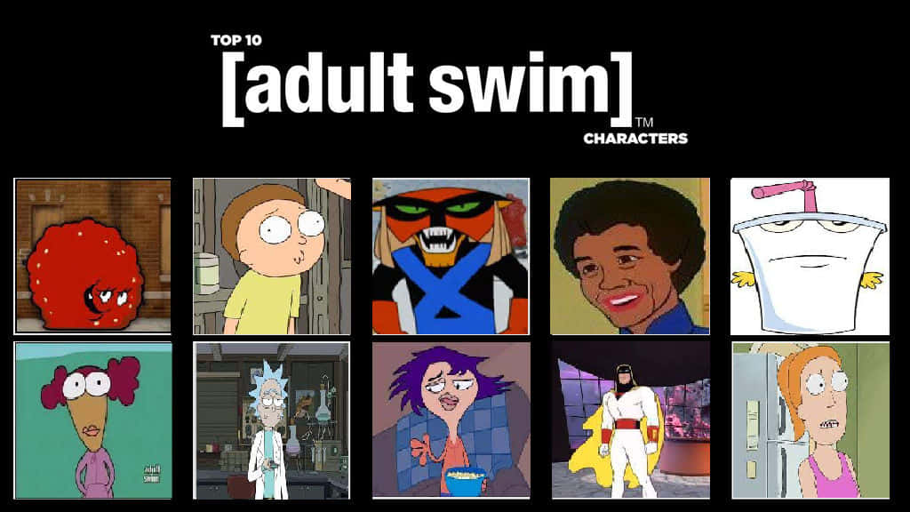 adult swim 桌布 壁紙 — 一個網格，包含十個標誌性的 Adult Swim 卡通角色，顯示在黑色背景上，帶有白色文字。