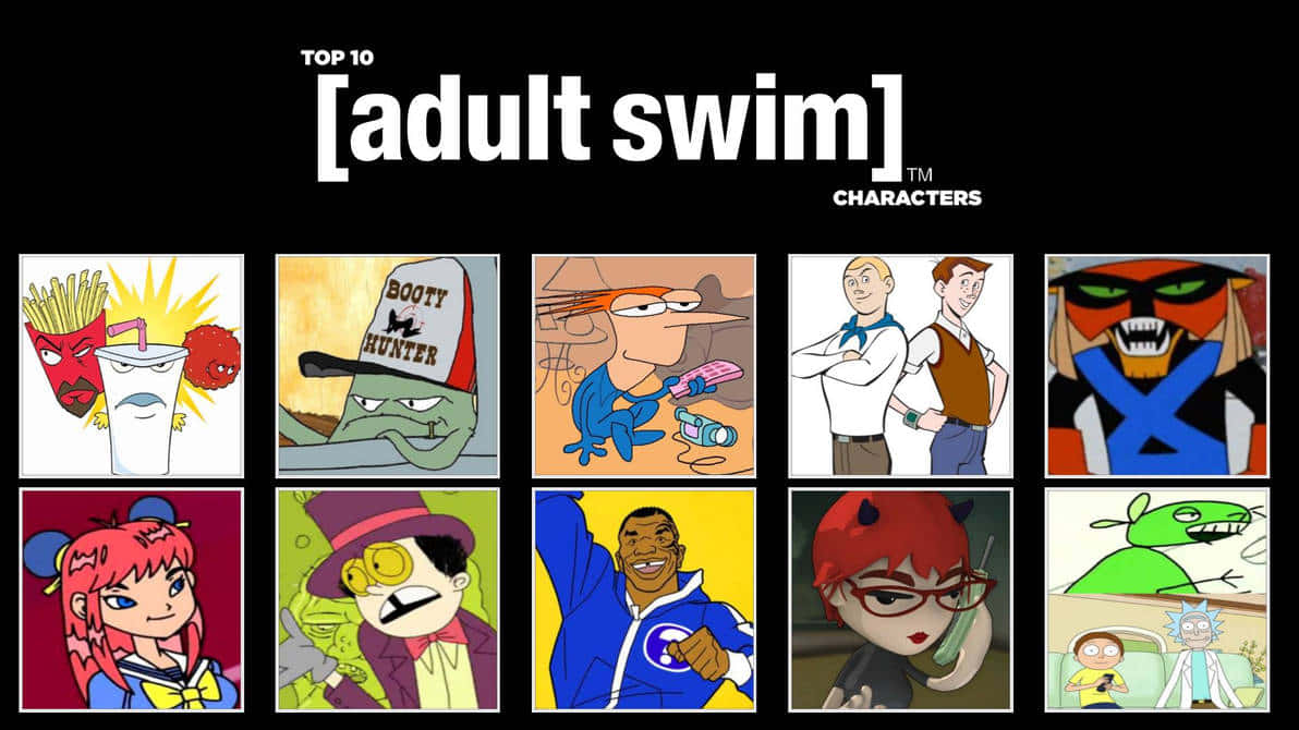 adult swim 桌布 壁紙 — 一個網格，包含十個色彩繽紛的 Adult Swim 卡通角色，具有粗線條和富有表情的臉孔，背景為黑色。