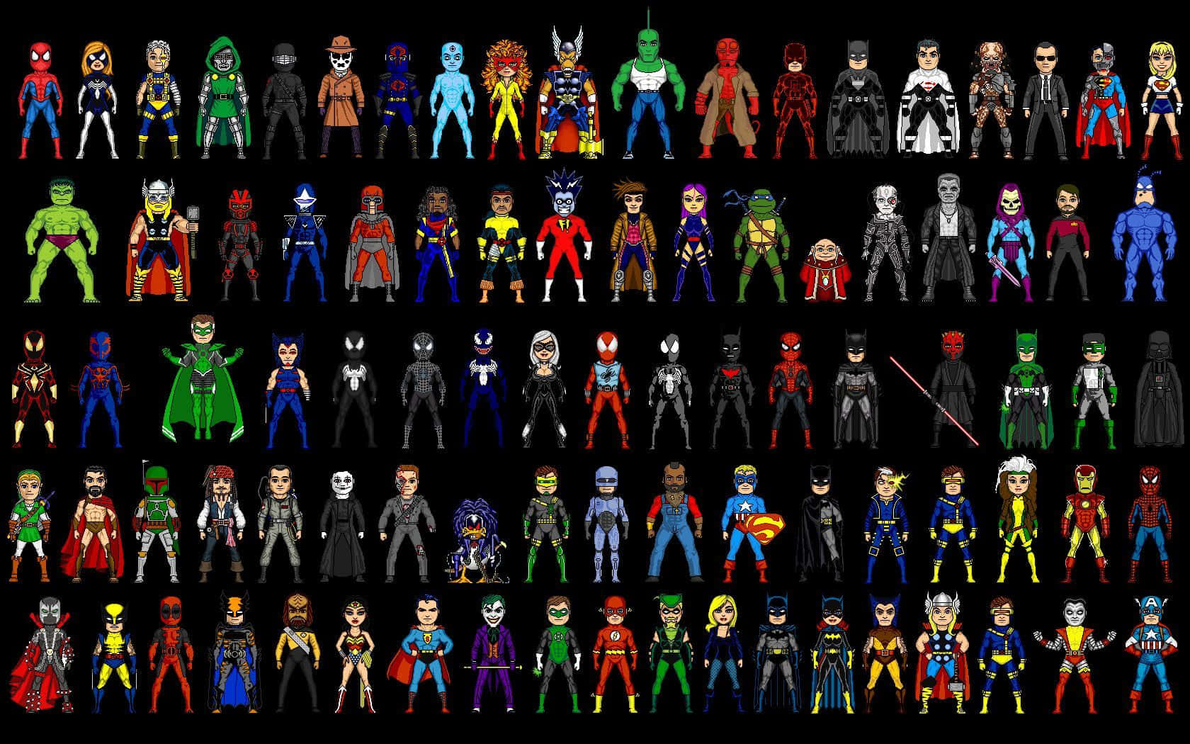 Animated Superhero Movies 桌布 壁紙 — 一個網格，包含色彩繽紛的Q版超級英雄角色，穿著鮮豔服裝，背景為黑色。