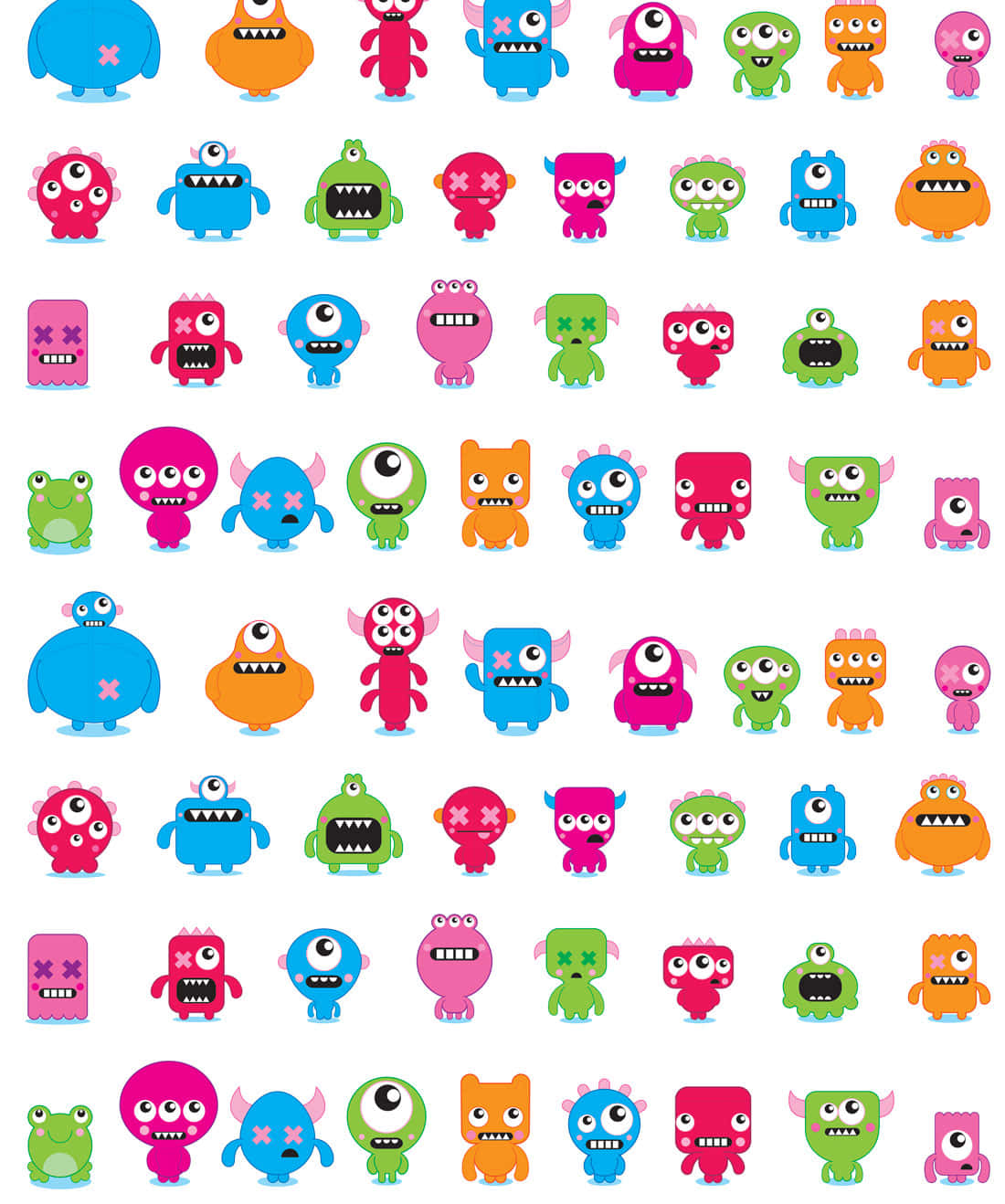 Kawaii Monster 桌布 壁紙 — 一個網格，包含色彩繽紛的卡通怪物，表情和形狀各異，背景為純白色。