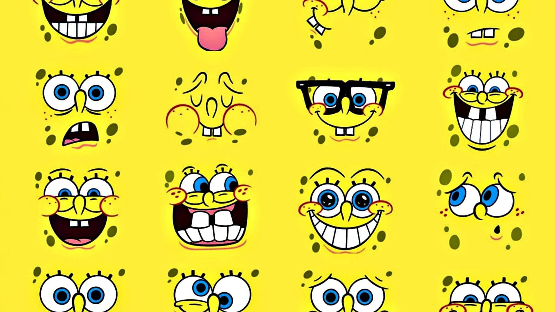 Aesthetic Spongebob 桌布 壁紙 — 一個網格，展示了海綿寶寶各種表情的卡通面孔，背景為明亮的黃色。