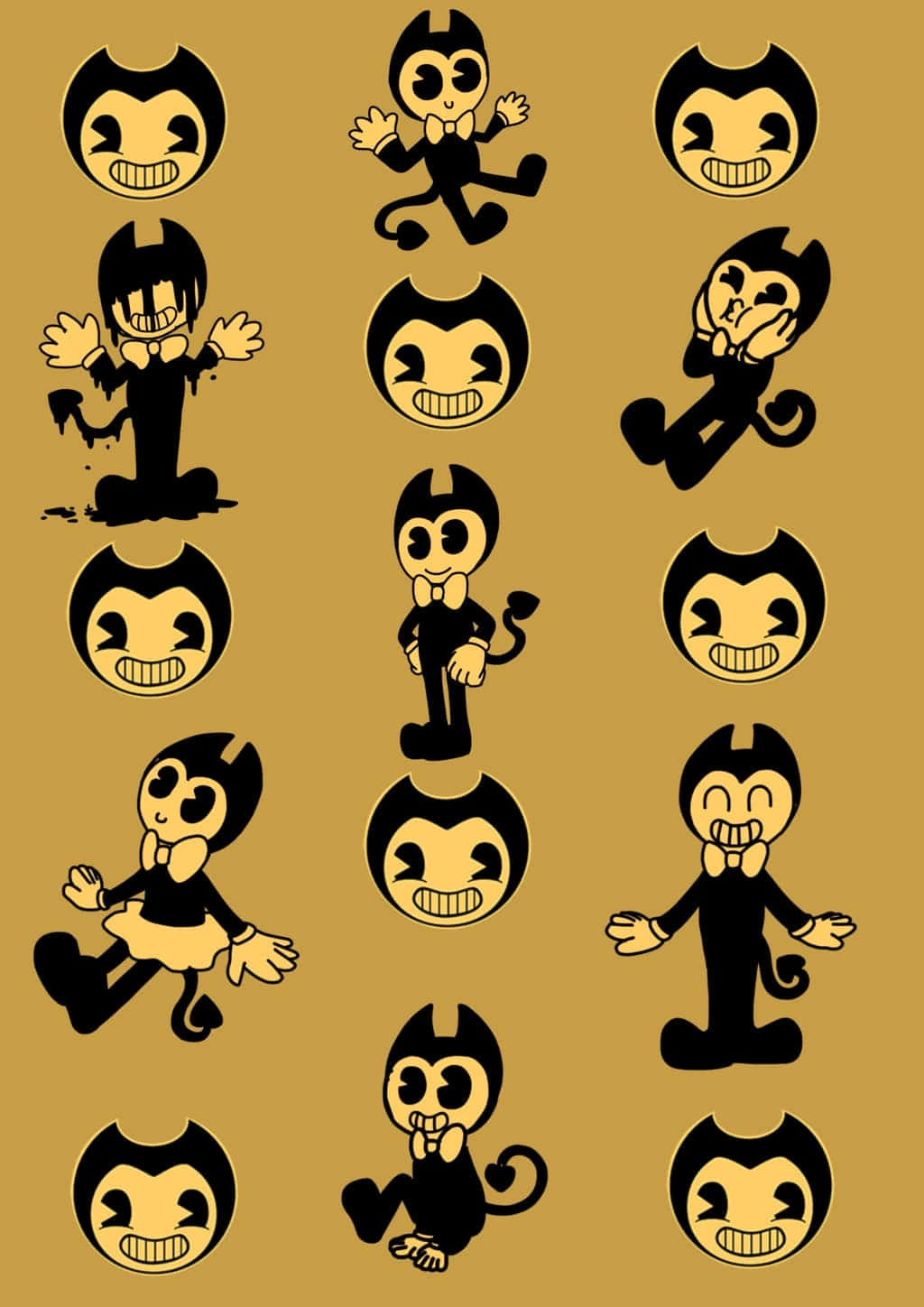 Bendy 桌布 壁紙 — 一個網格中的卡通貓角色，以黑色和黃色姿勢呈現，背景為純色黃褐色。