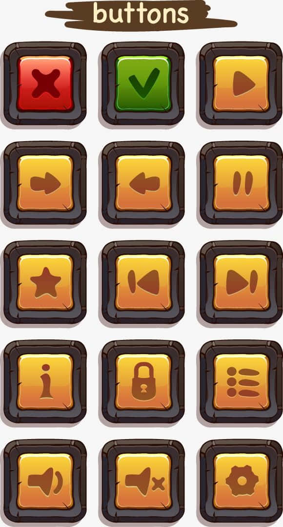 Game Design 桌布 壁紙 — 一個網格狀的卡通風格木製按鈕，帶有色彩繽紛的媒體和設定圖標。