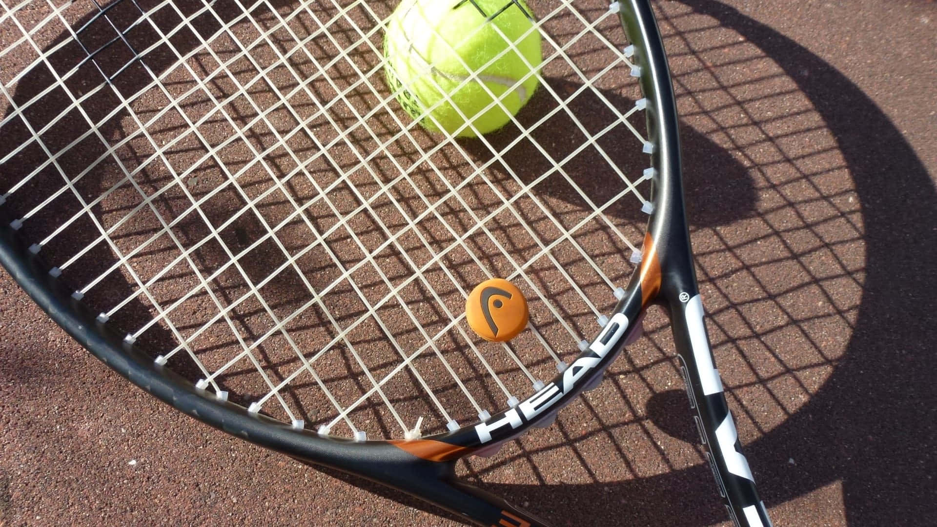 Tennis Ball 桌布 壁紙 — 一個網球拍的近距離特寫，上面有一個亮黃色的球擱在拍線上，背景是陽光普照的球場表面。
