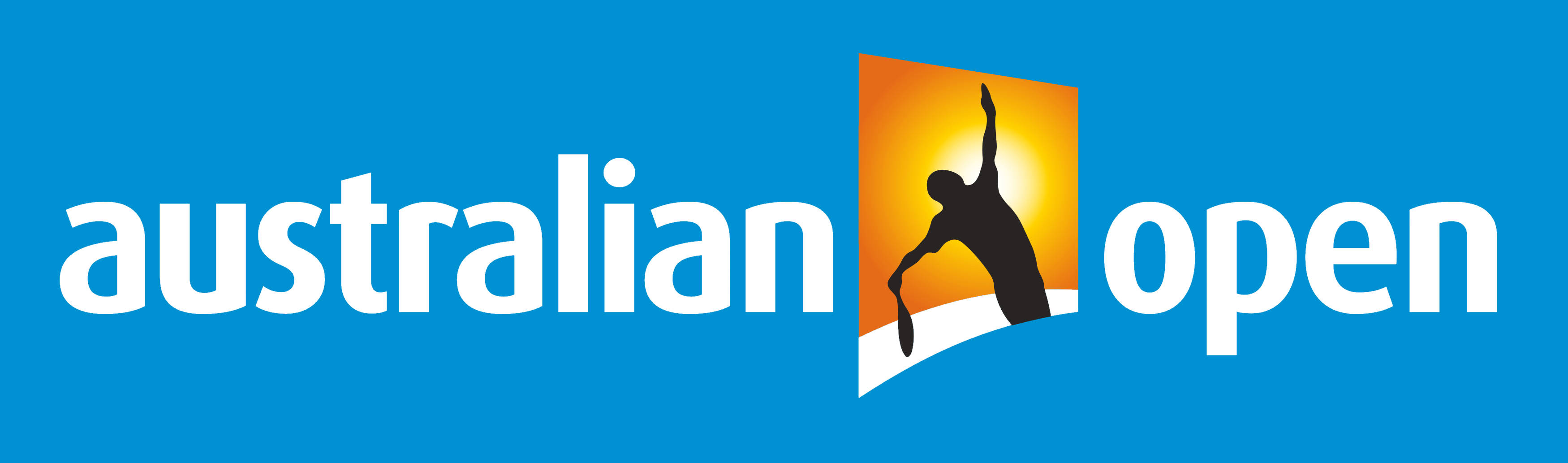 Australian Open 桌布 壁紙 — 一個網球運動員的剪影，在一個充滿活力的橙色太陽爆發前面揮拍，背景是大膽的藍色，上面有白色文字。