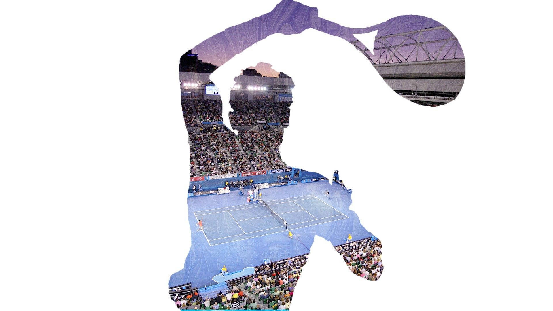 Australian Open 桌布 壁紙 — 一個網球選手的剪影，充滿了黃昏時分充滿活力的體育場場景。