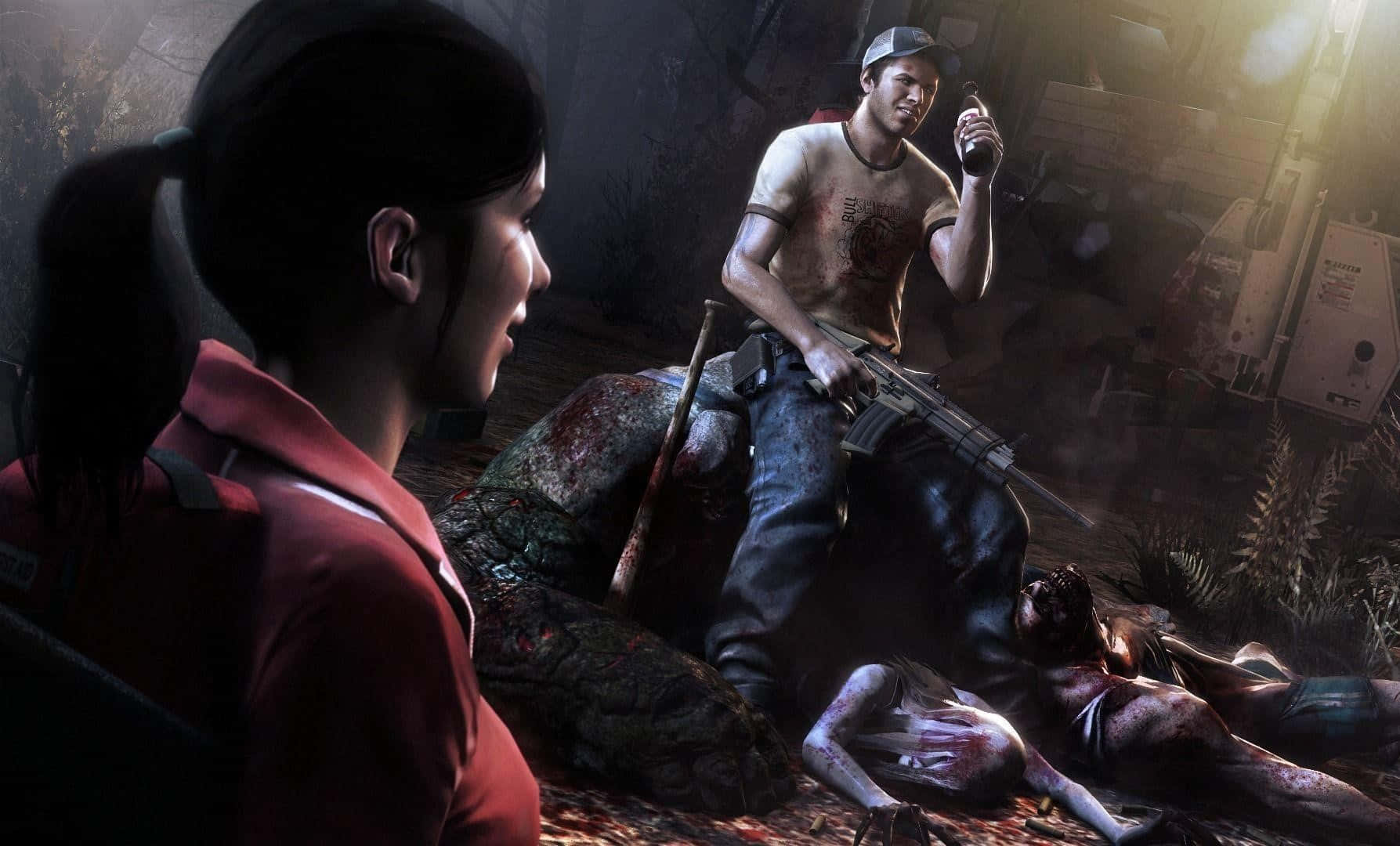 Left 4 Dead Characters 桌布 壁紙 — 一個緊張的時刻，在黑暗、粗糙的末日後場景中，一個年輕女孩面對一個拿著步槍和瓶子的血跡斑斑的男人。