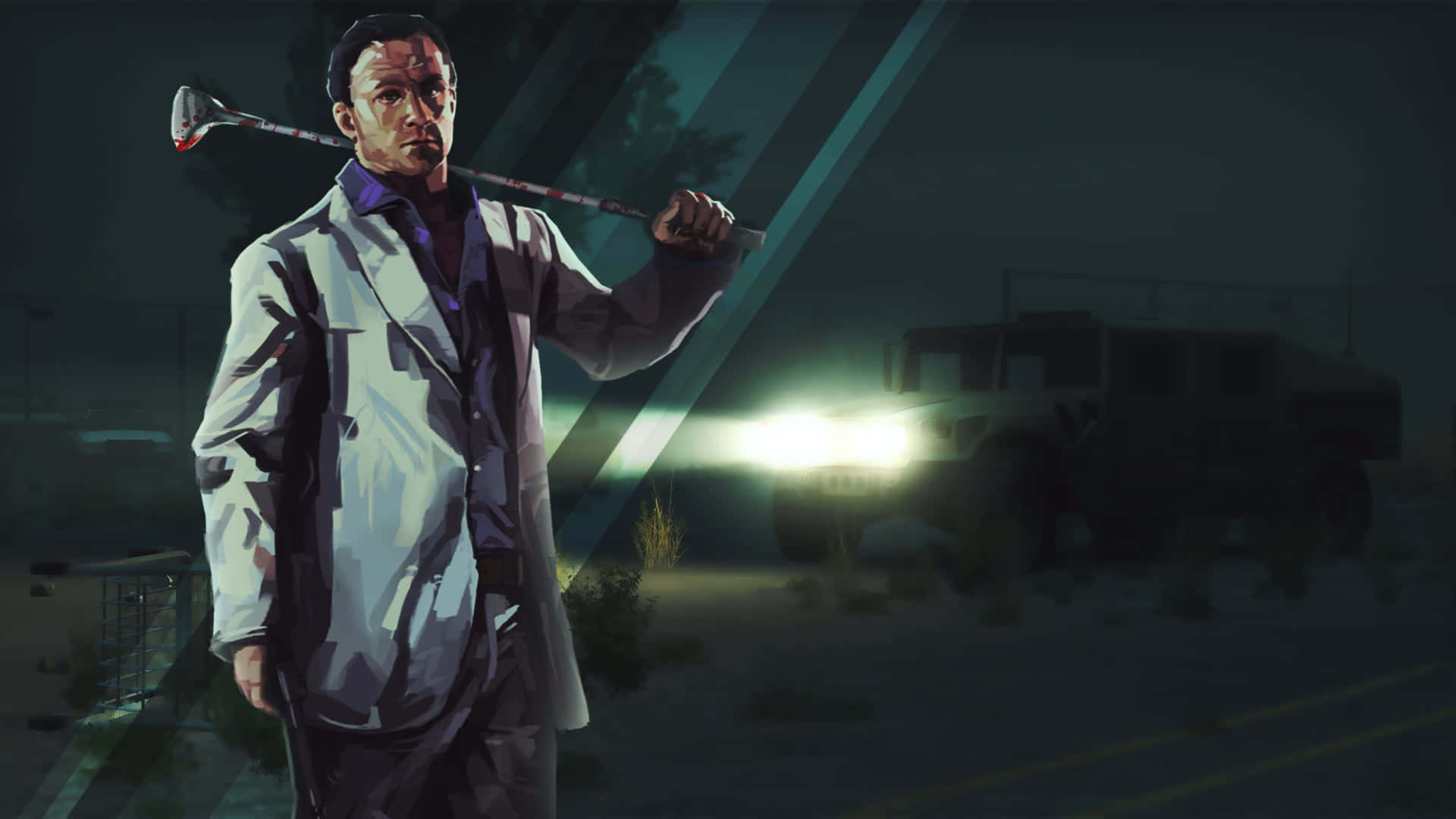Left 4 Dead Characters 桌布 壁紙 — 一個緊張的男人穿著白色外套，在霓虹燈下拿著高爾夫球桿，而一輛軍用車輛在黑暗中靠近。