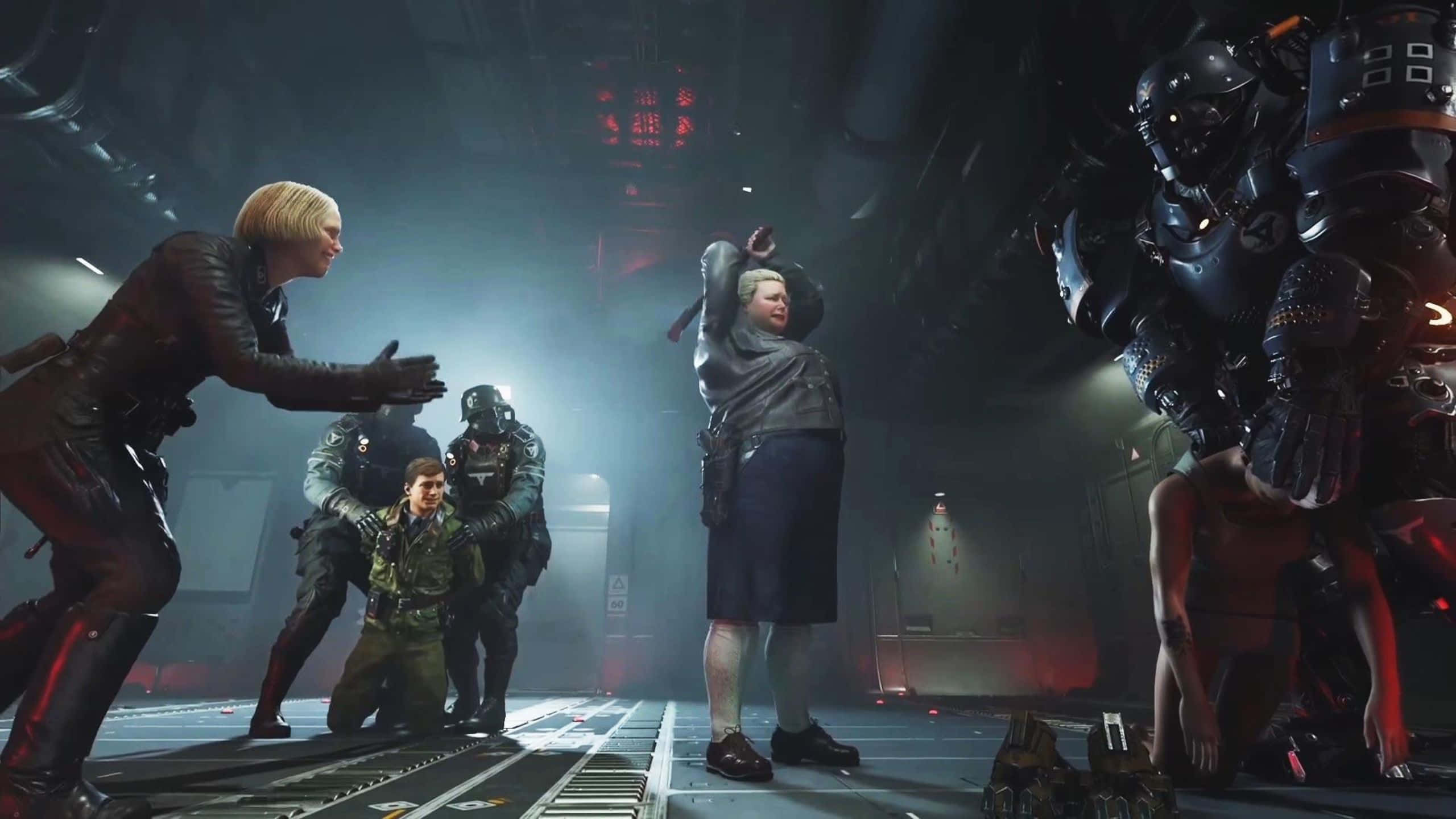 Wolfenstein Ii 桌布 壁紙 — 一個緊張的科幻場景，有裝甲人物和一個挑釁的老婦人在昏暗的工業房間裡。