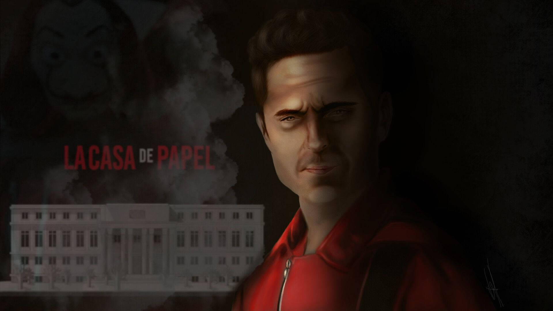 Berlin Money Heist 桌布 壁紙 — 一個緊張的肖像，一個穿著紅色連身衣的男人，背景有煙霧，一個威脅性的小丑和銀行大樓。