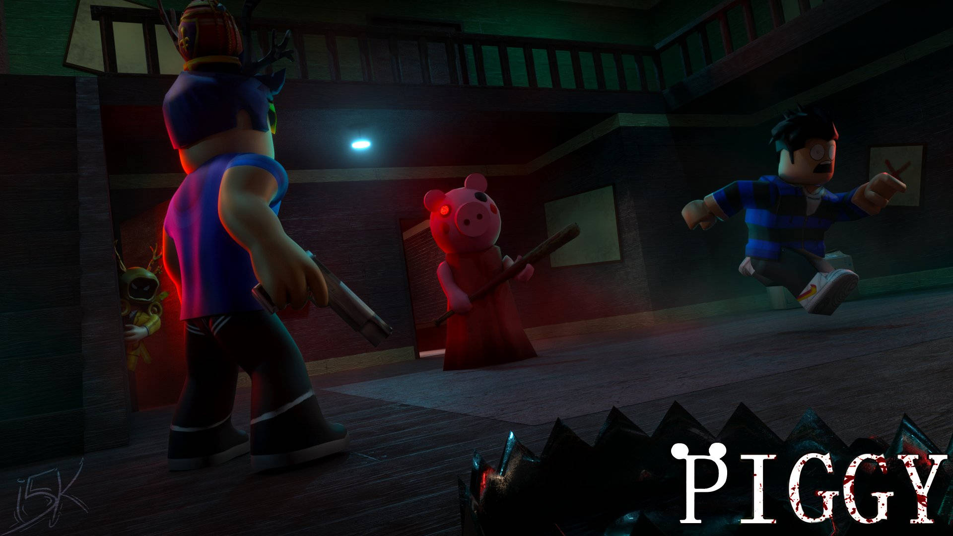 Roblox Piggy 桌布 壁紙 — 一個緊張的遊戲場景，Roblox風格的角色在昏暗的木房間裡面臨一隻威脅性的豬。