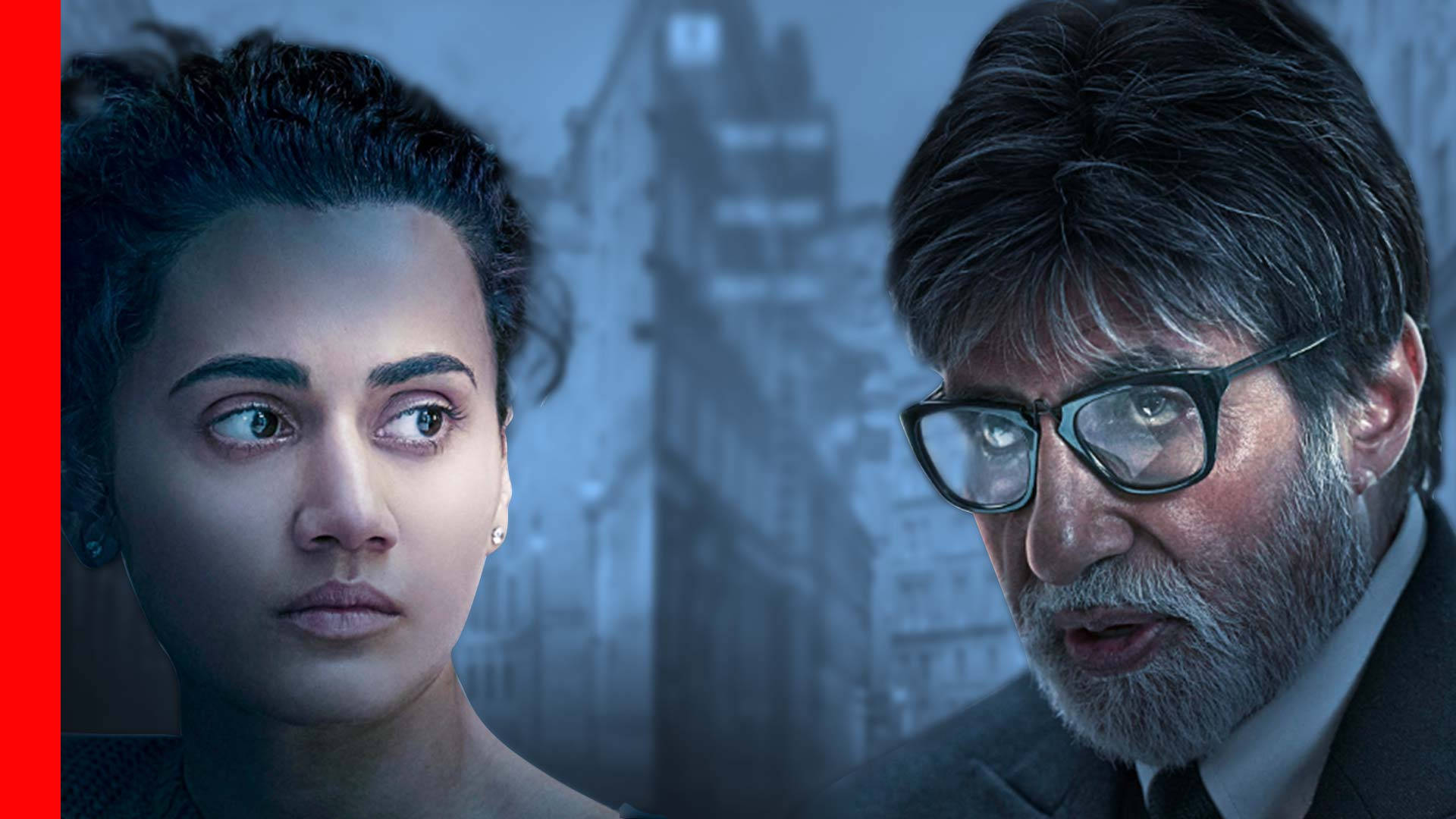 Amitabh Bachchan 桌布 壁紙 — 一個緊張的電影風格肖像，描繪一位女士和一位男士在霧氣瀰漫的城市環境中，帶有戲劇性的藍色燈光。