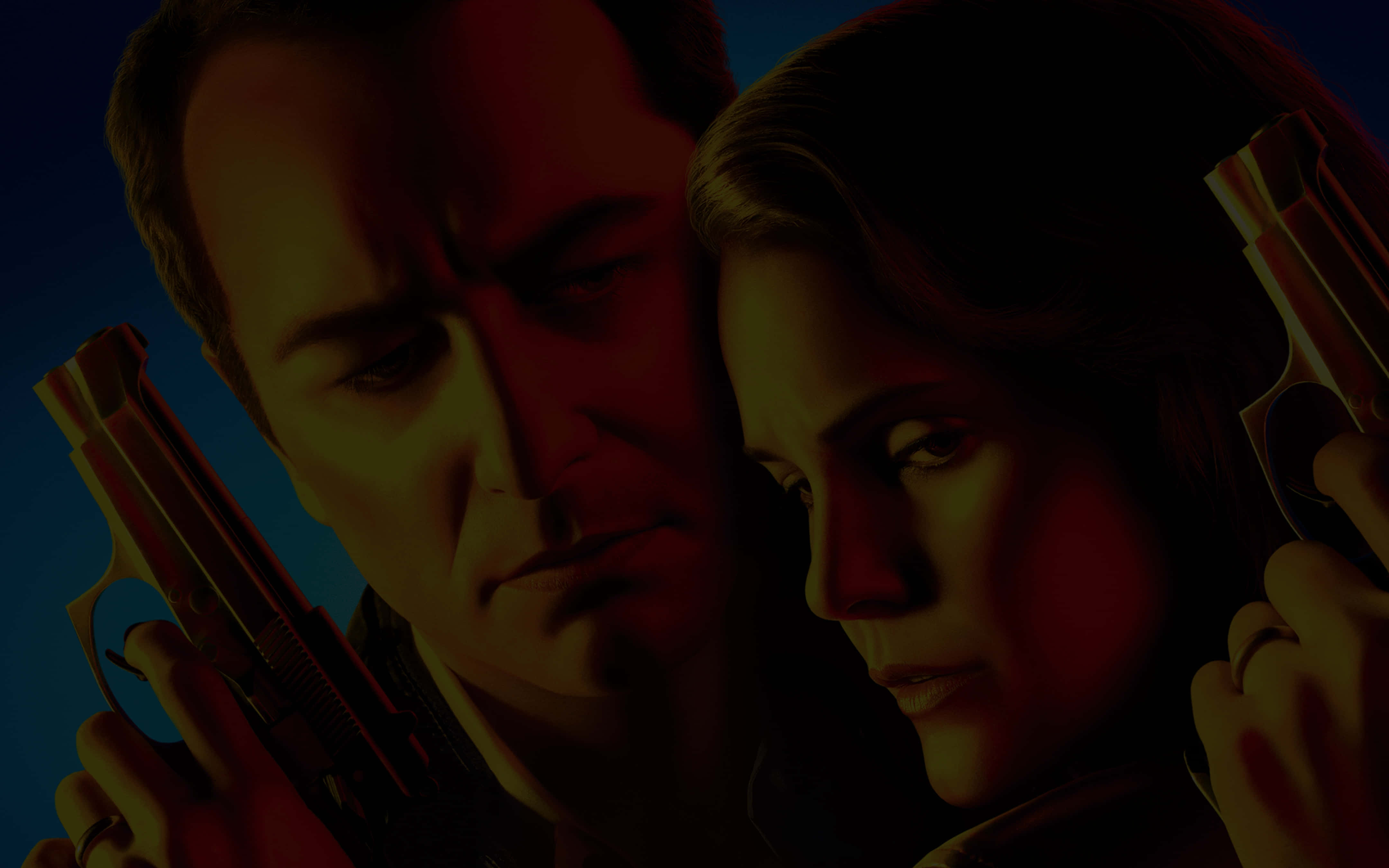 the americans 桌布 壁紙 — 一個緊張的電影風格肖像，男人和女人在戲劇性的紅色和藍色燈光下拿著槍。