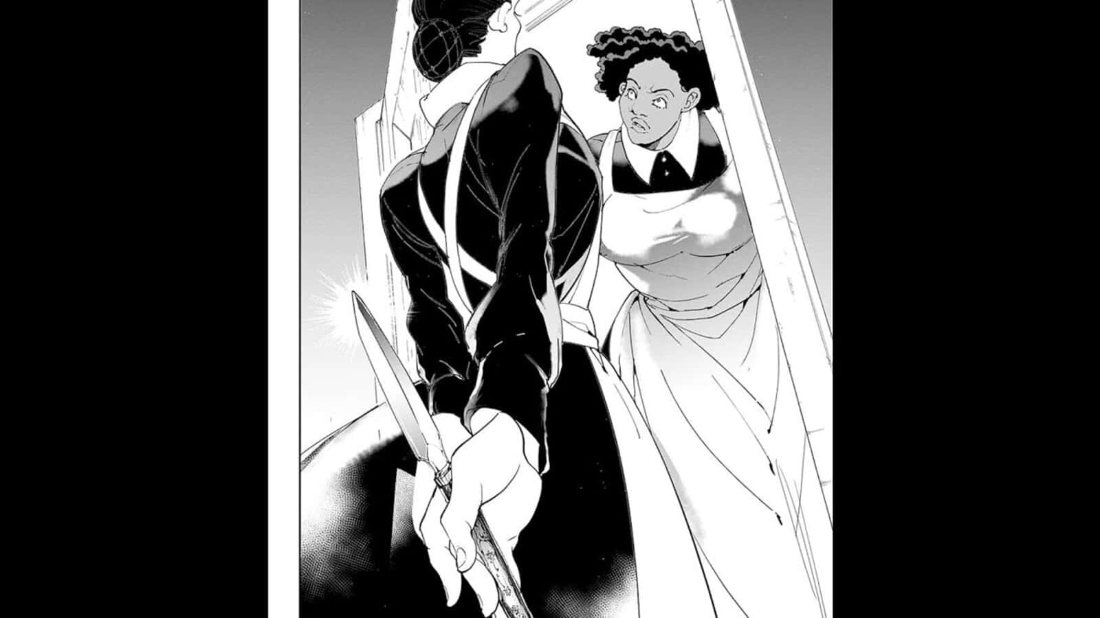 The Promised Neverland Krone 桌布 壁紙 — 一個緊張的黑白漫畫面板顯示一個人物拿著刀，面對一個穿著連衣裙的驚嚇女人。