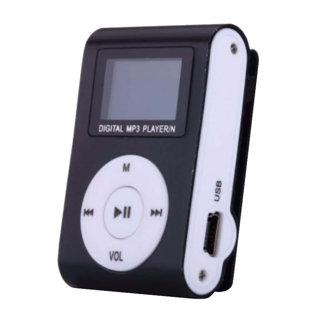 Music Player 桌布 壁紙 — 一個緊湊的黑白數位MP3播放器，帶有圓形控制板和USB端口，顯示在純白色背景上。