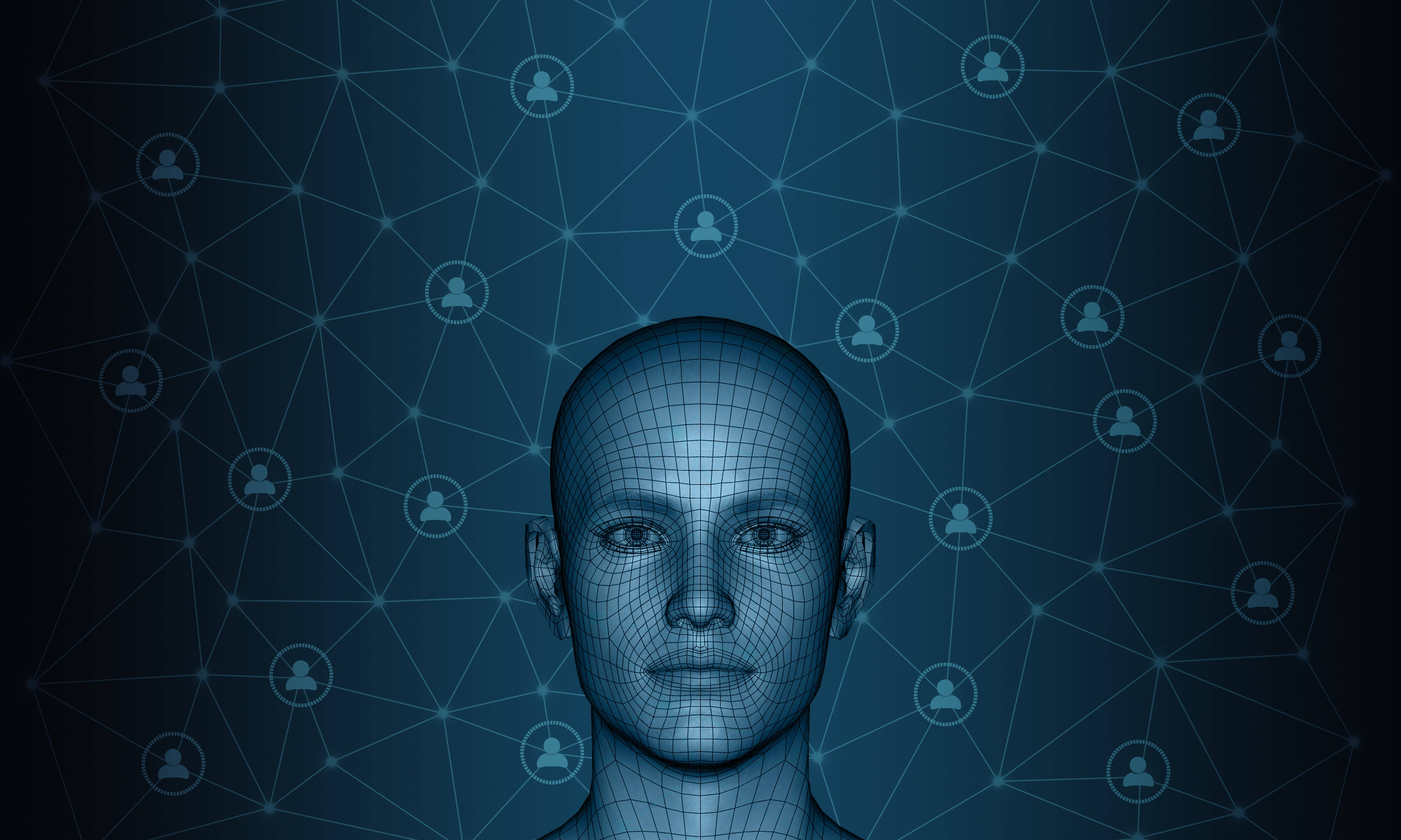 Communication 桌布 壁紙 — 一個線框人頭置中於深藍色網路背景，帶有發光的連接和使用者圖示。