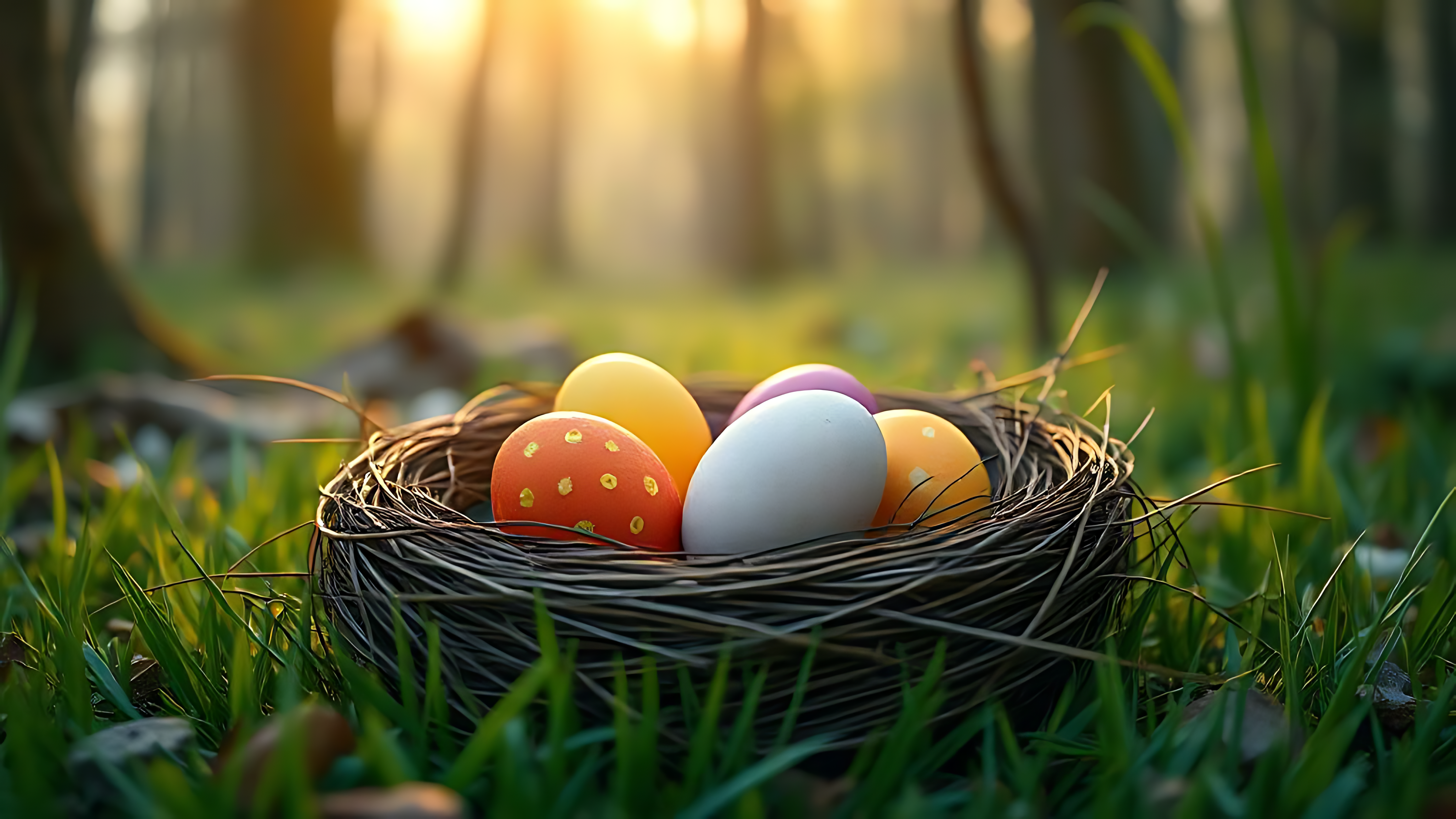 Eggs 桌布 壁紙 — 一個編織的巢穴裡放著色彩繽紛的裝飾蛋，躺在充滿活力的綠草中，溫暖的金色陽光穿過樹木灑落。