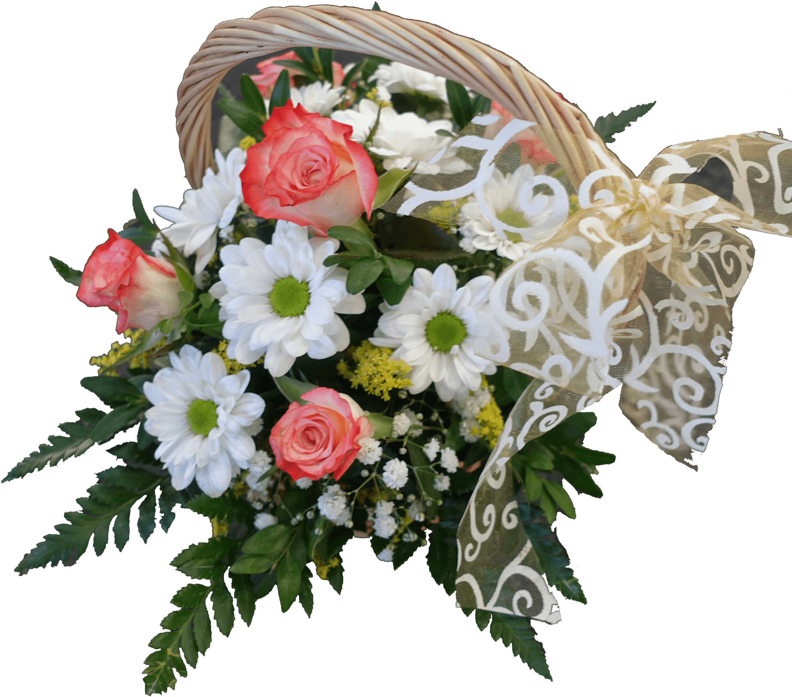 菊花 桌布 壁紙 — 一個編織籃子，裝滿了粉紅玫瑰、白色雛菊和綠色蕨類植物，並繫上帶圖案的薄紗蝴蝶結。