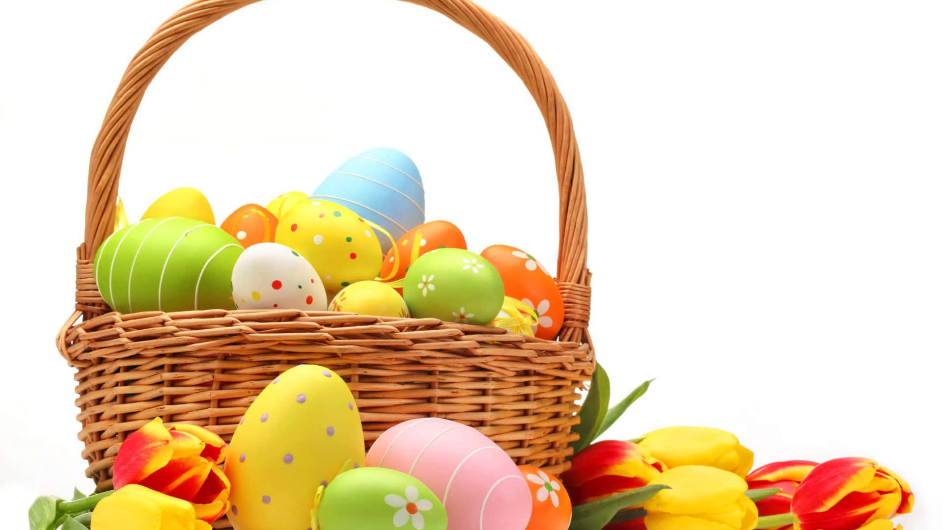 Easter Basket 桌布 壁紙 — 一個編織籃子，裝滿色彩鮮豔的彩蛋，周圍環繞著五顏六色的鬱金香，背景為白色。