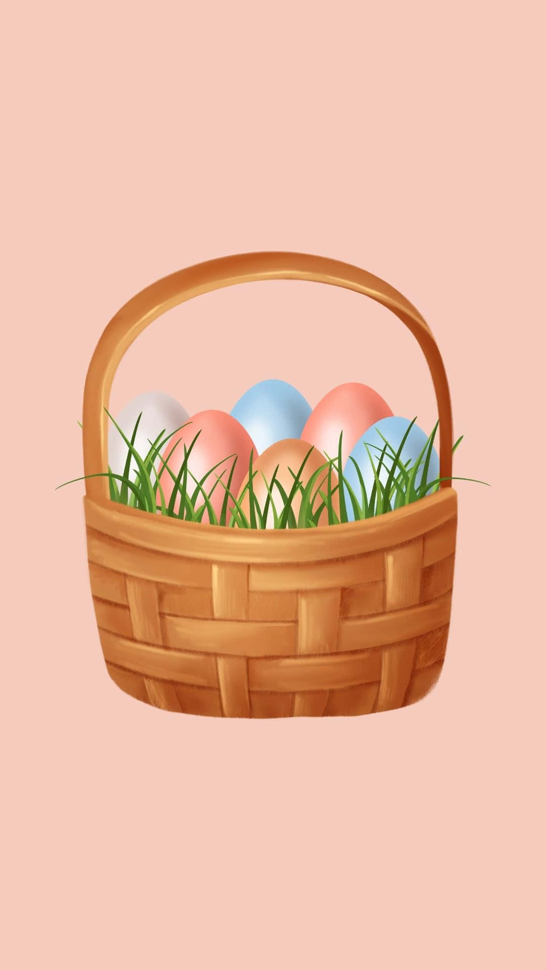 Easter Basket 桌布 壁紙 — 一個編織籃子裡裝滿了色彩繽紛的復活節彩蛋，放在綠色草地上，背景是柔和的桃色。