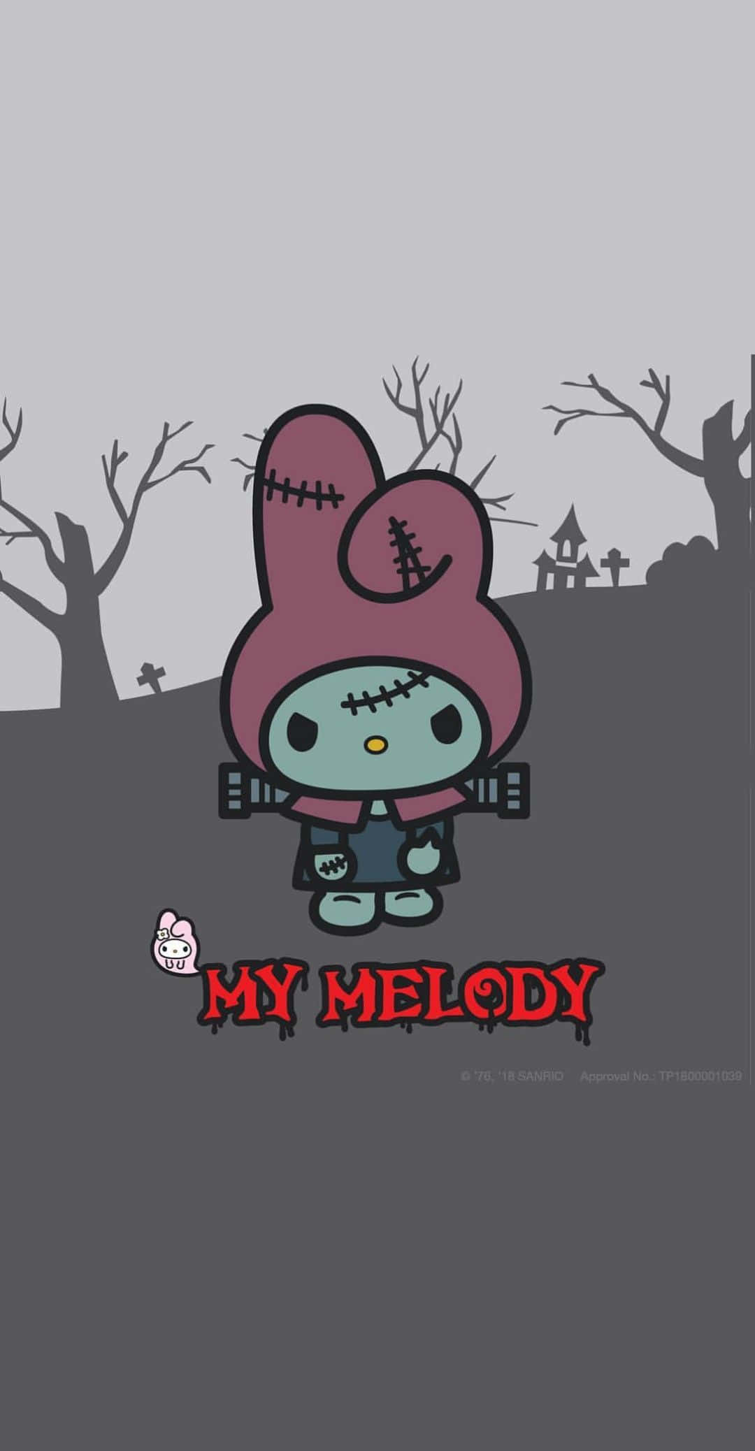我的旋律 桌布 壁紙 — 一個縫合的殭屍My Melody站在灰色的墓園中，背景有光禿禿的樹木和鬼屋。