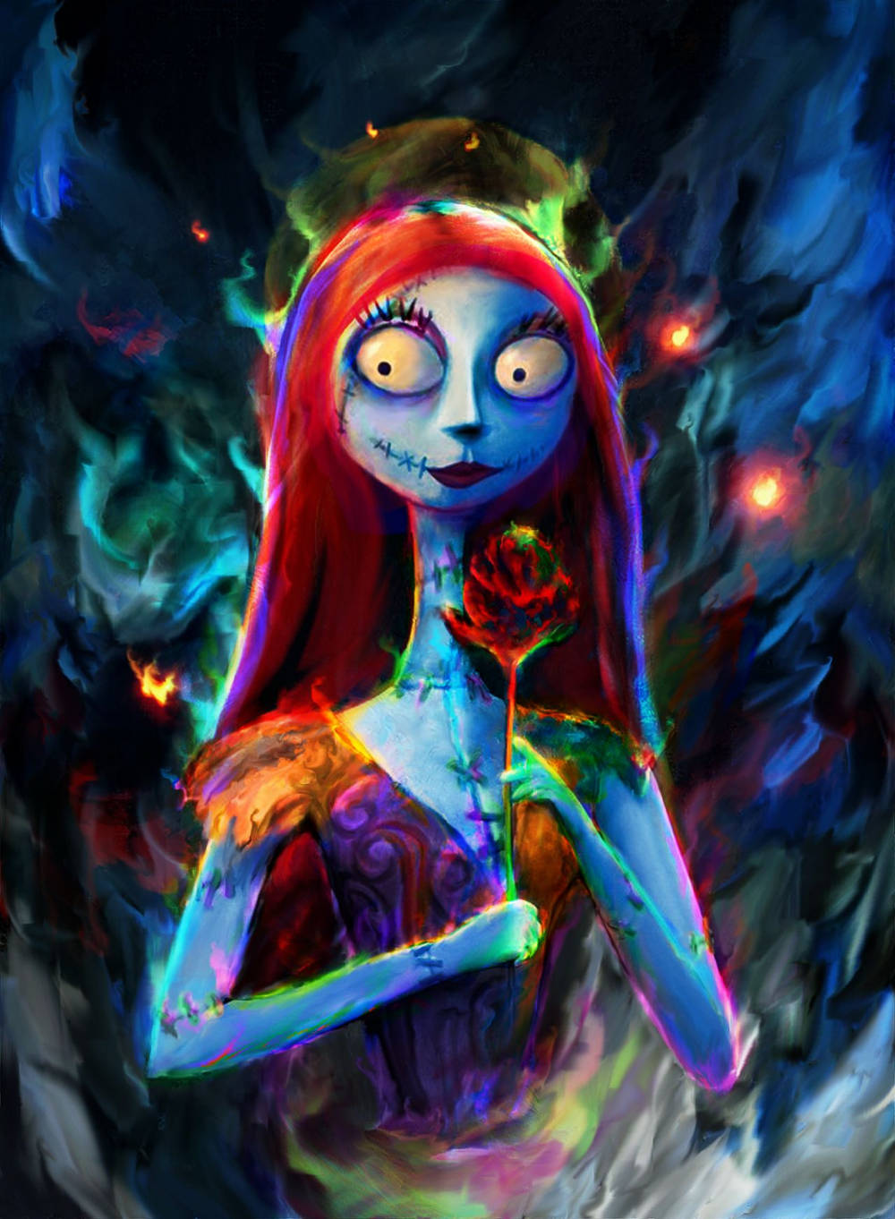 nightmare 桌布 壁紙 — 一個縫合臉的女孩，眼睛發光，在旋轉的黑暗背景中手持一朵紅玫瑰，背景有火焰餘燼。