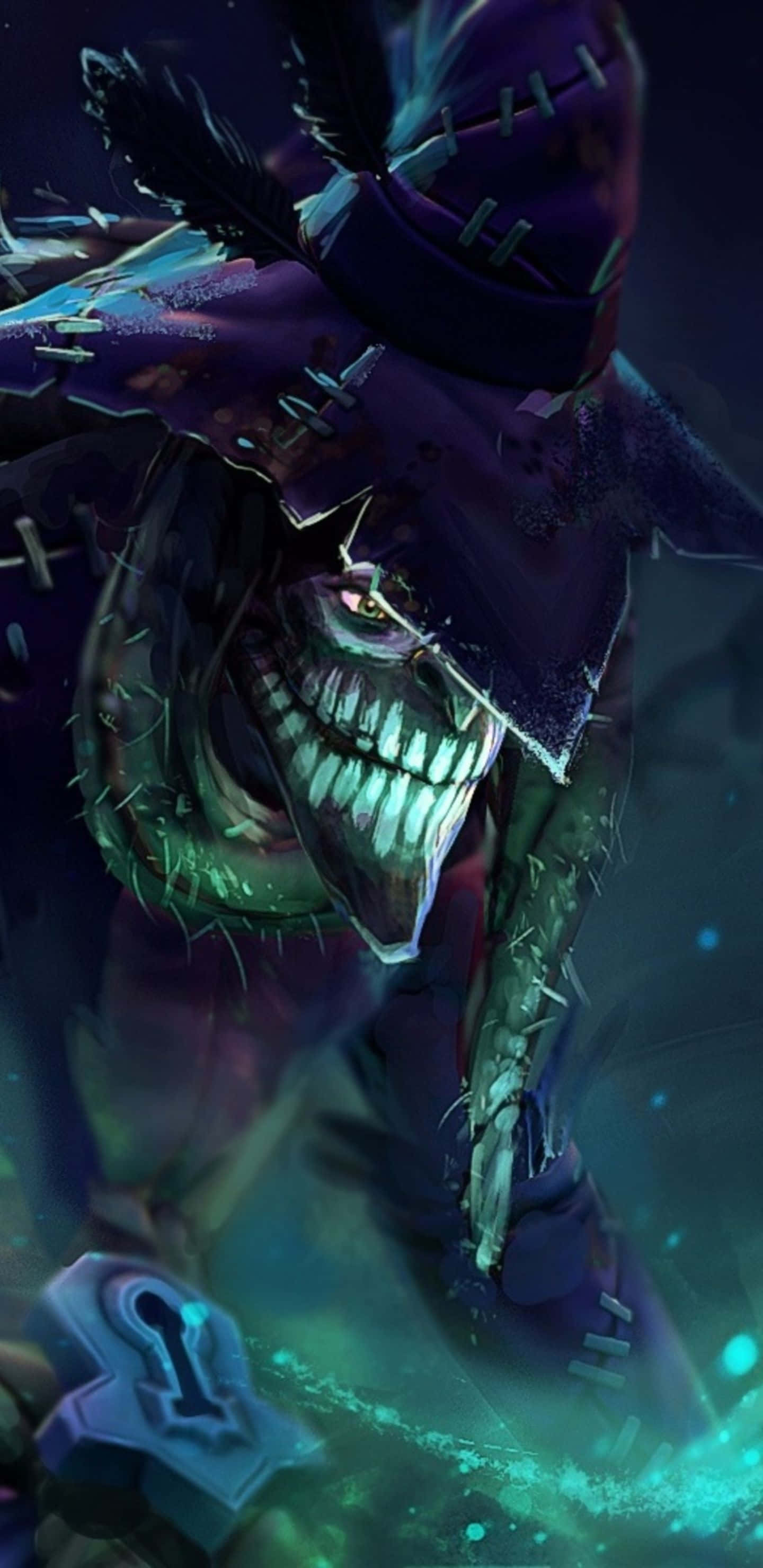 Pixel 3xl Dota 2 桌布 壁紙 — 一個縫合起來、帶有發光眼睛和咧嘴笑容的威脅性稻草人，在詭異的青色和紫色燈光中隱現。
