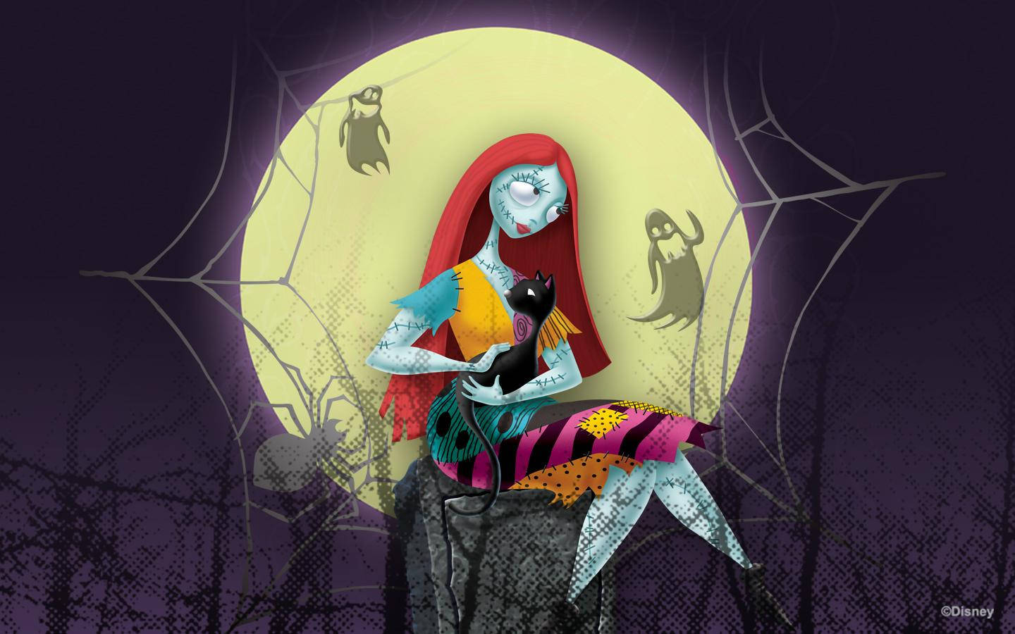 nightmare 桌布 壁紙 — 一個縫合起來的紅髮吸血鬼女士懷抱一隻黑貓，背景是發光的滿月，周圍環繞蜘蛛網和鬼魂。