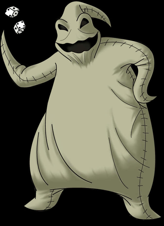 Oogie Boogie Free 桌布 壁紙 — 一個縫合起來的鬼魂，咧嘴大笑，在黑色背景前擲骰子。