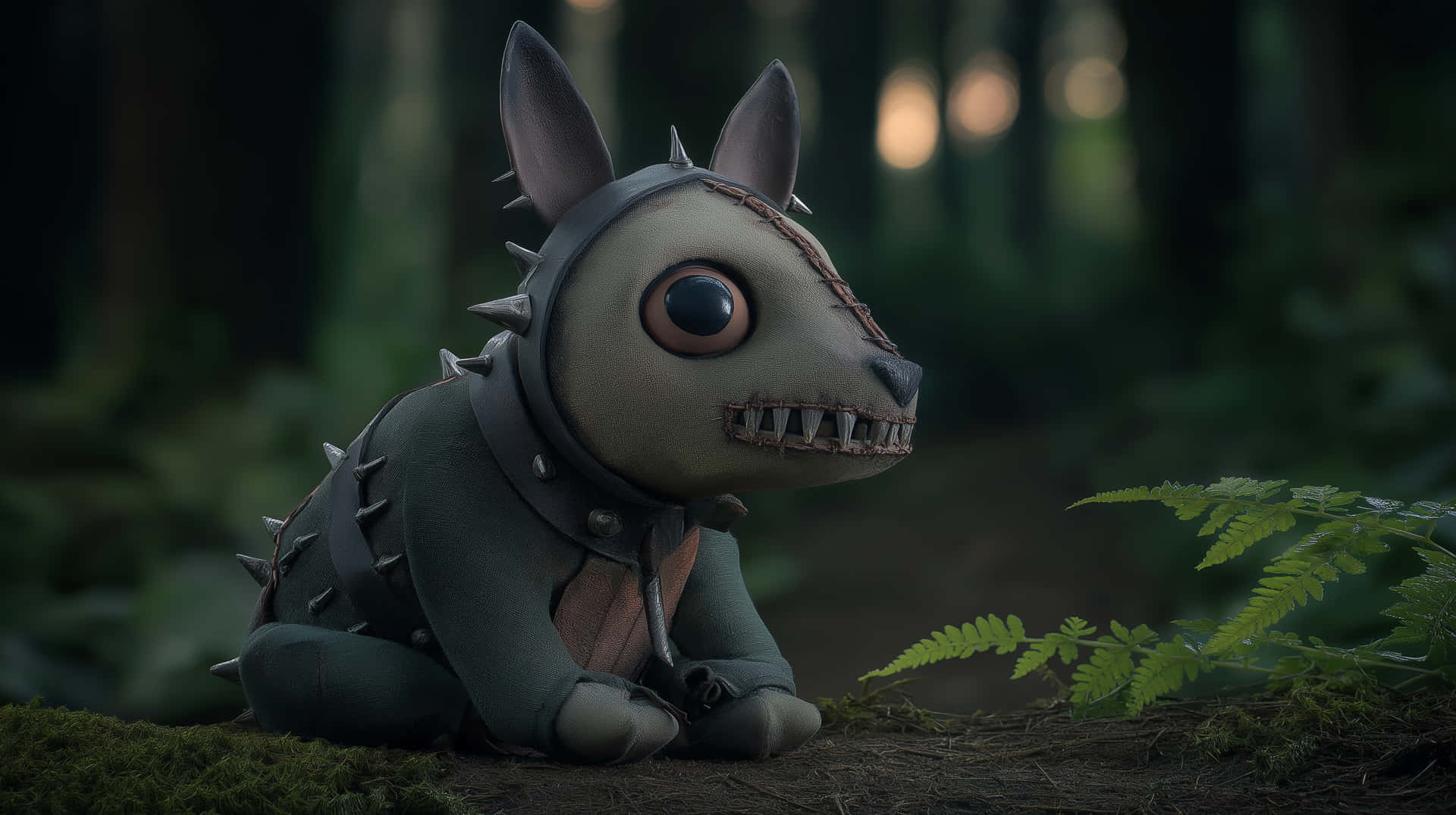 Tim Burton-esque Spiked Creature in a Forest Setting 壁紙 — 一個縫製的尖刺生物，有一隻大眼睛，坐在長滿苔蘚的森林空地上，旁邊是蕨類植物。