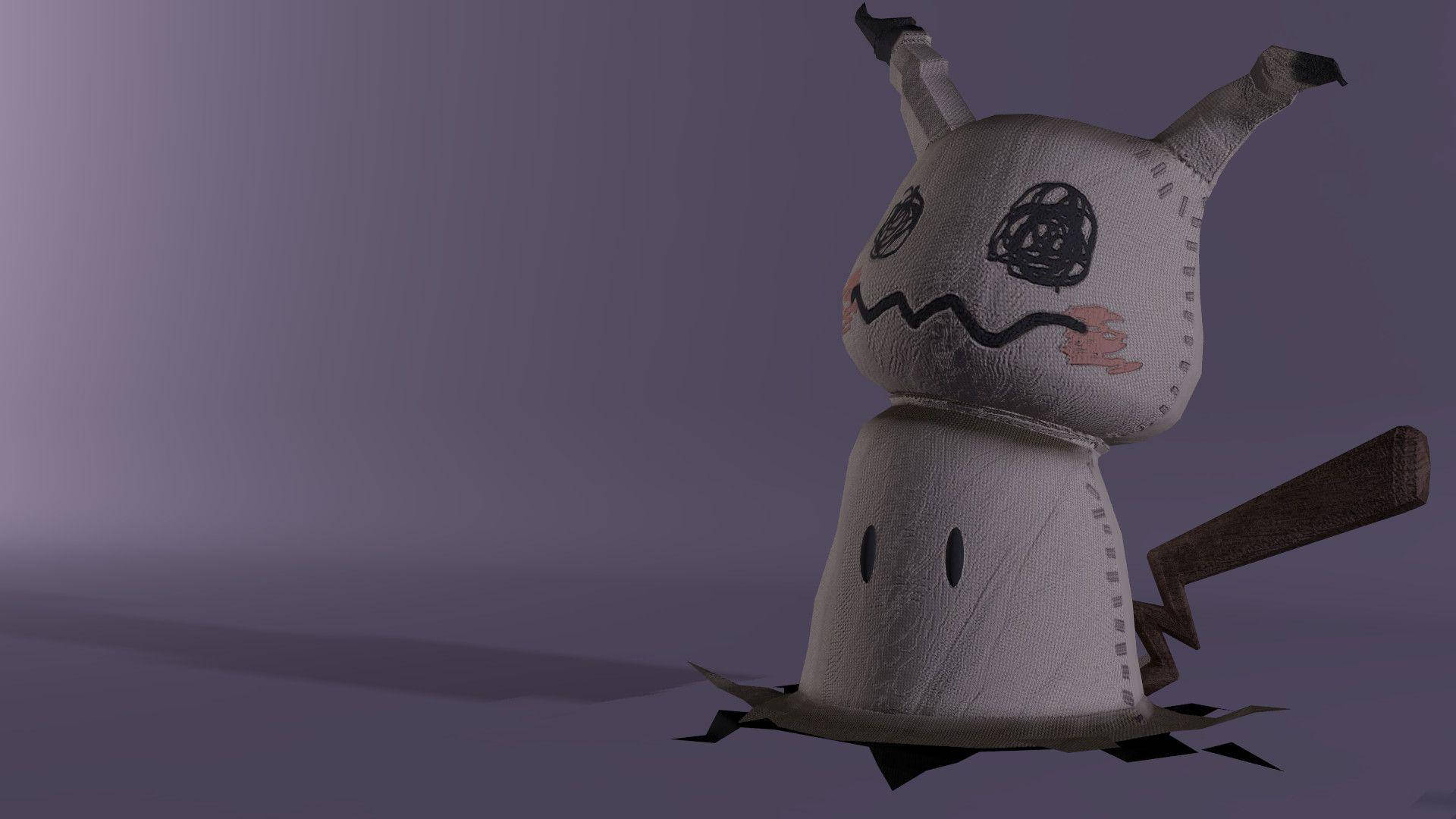 Doll 桌布 壁紙 — 一個縫製的毛絨玩具，類似於一隻幽靈般的兔子，帶有塗鴉的臉和破損的布料，站在柔和的紫色背景前。