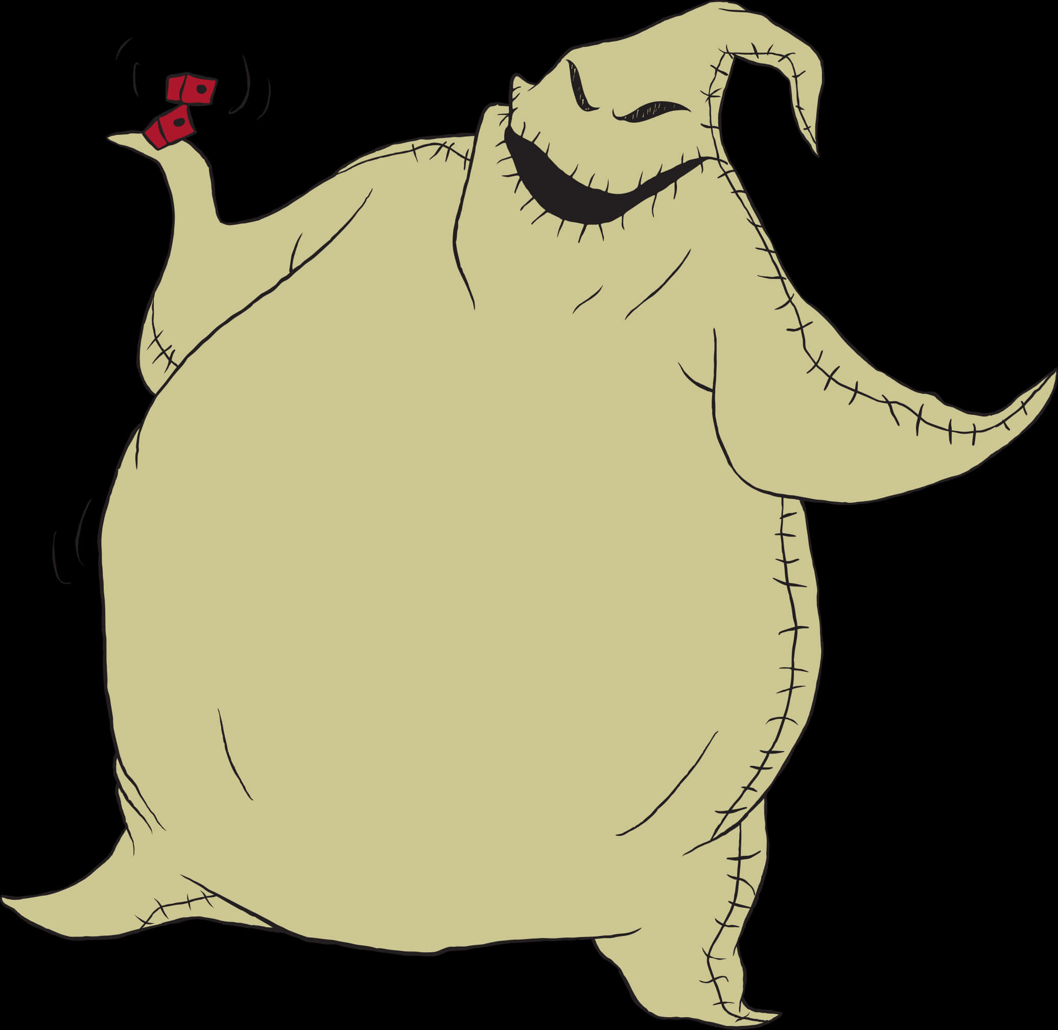 Nightmare Before Christmas Characters 桌布 壁紙 — 一個縫製的淡黃色鬼魂，咧嘴大笑，手持紅色骰子，背景為黑色。