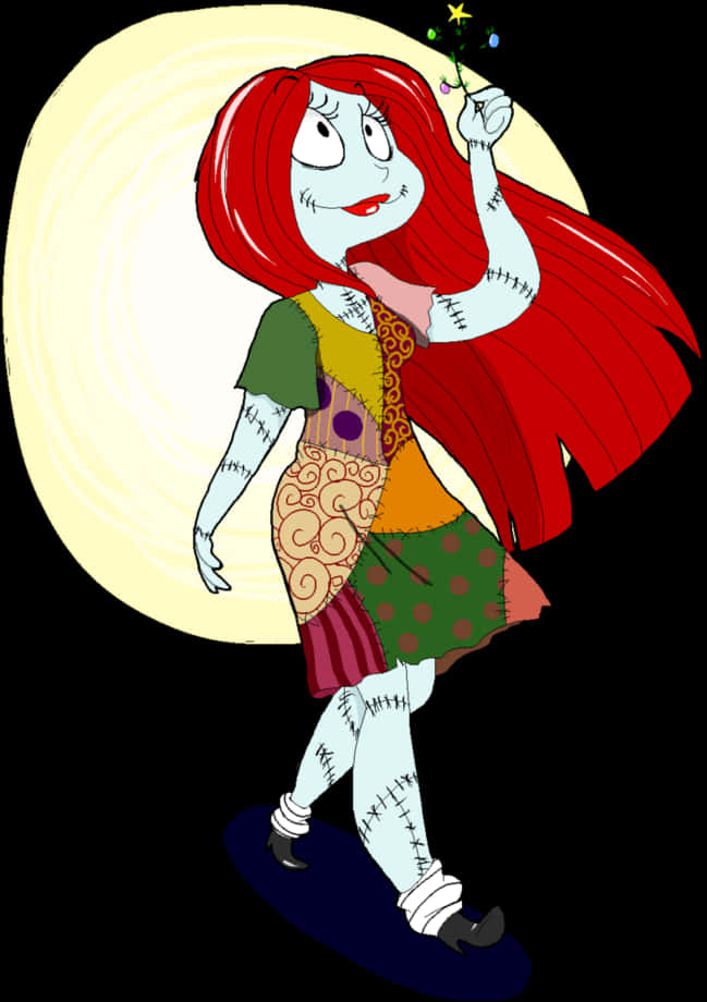 Sally Nightmare Before Christmas 桌布 壁紙 — 一個縫製的紅髮女孩穿著拼布裙，手持星形魔杖，對著發光的滿月。