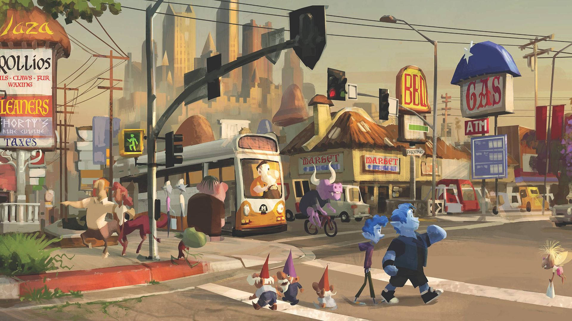 前進 桌布 壁紙 — 一個繁忙的動畫街景，有擬人化的動物在電車和復古店面附近穿越斑馬線，天空朦朧。