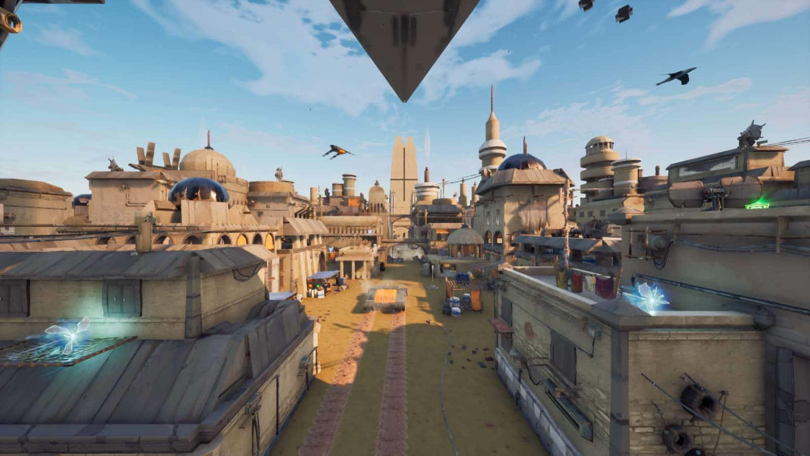 Jedha 桌布 壁紙 — 一個繁忙的外星城市景觀，有圓頂建築和飛行車輛，在明亮的藍天下。
