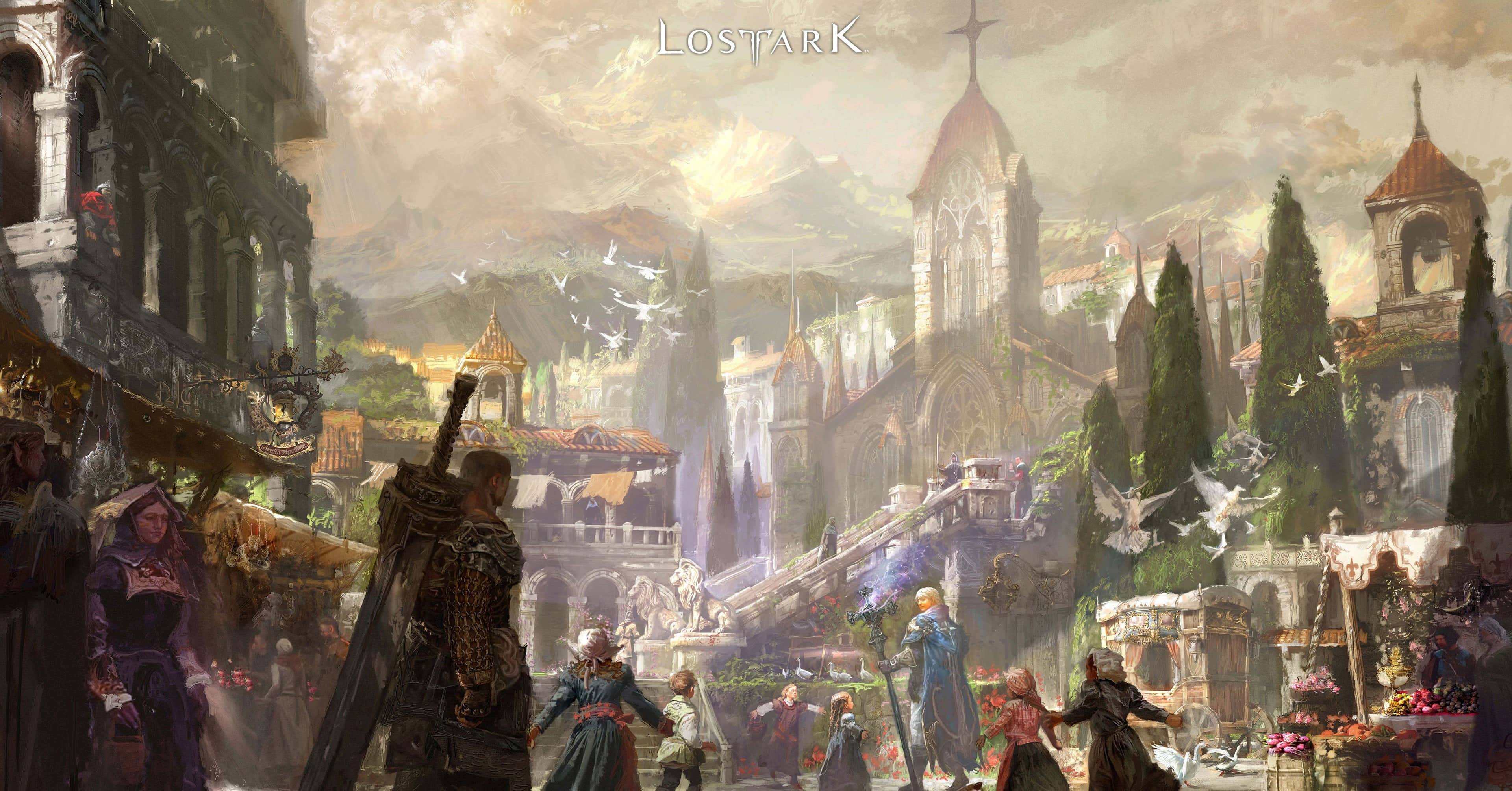 game 桌布 壁紙 — 一個繁忙的奇幻城市景觀，擁有哥德式建築、飛鳥和陽光明媚的廣場上的多樣角色。