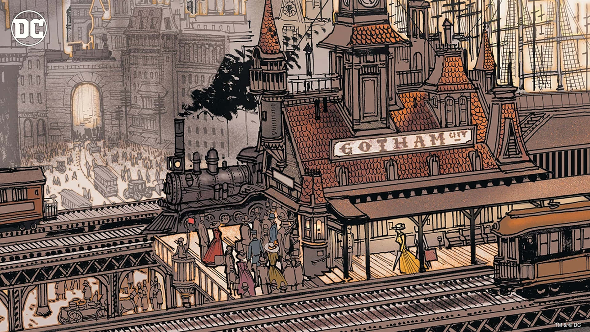 Gotham City 桌布 壁紙 — 一個繁忙的復古高譚市火車站，蒸汽火車頭和人群在華麗的屋頂下。