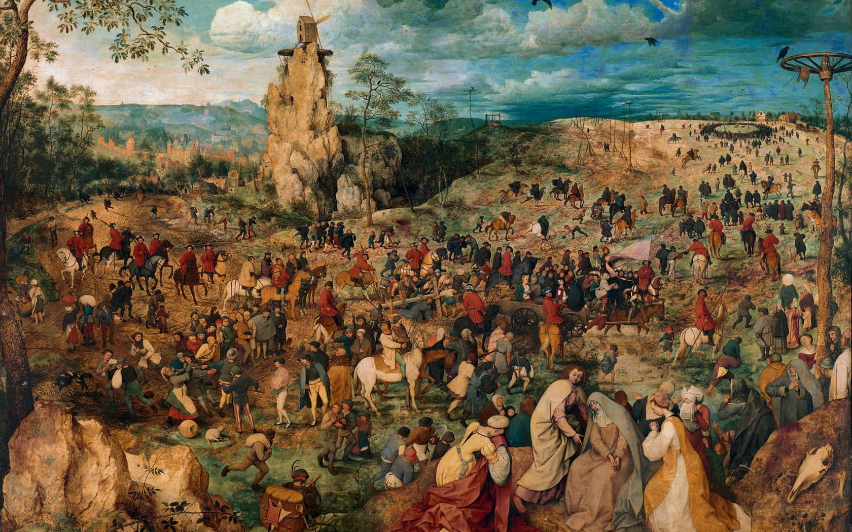 Religious Art 桌布 壁紙 — 一個繁忙的文藝復興時期戰鬥場景，有騎馬和步行的士兵，背景是岩石地貌和陰天。