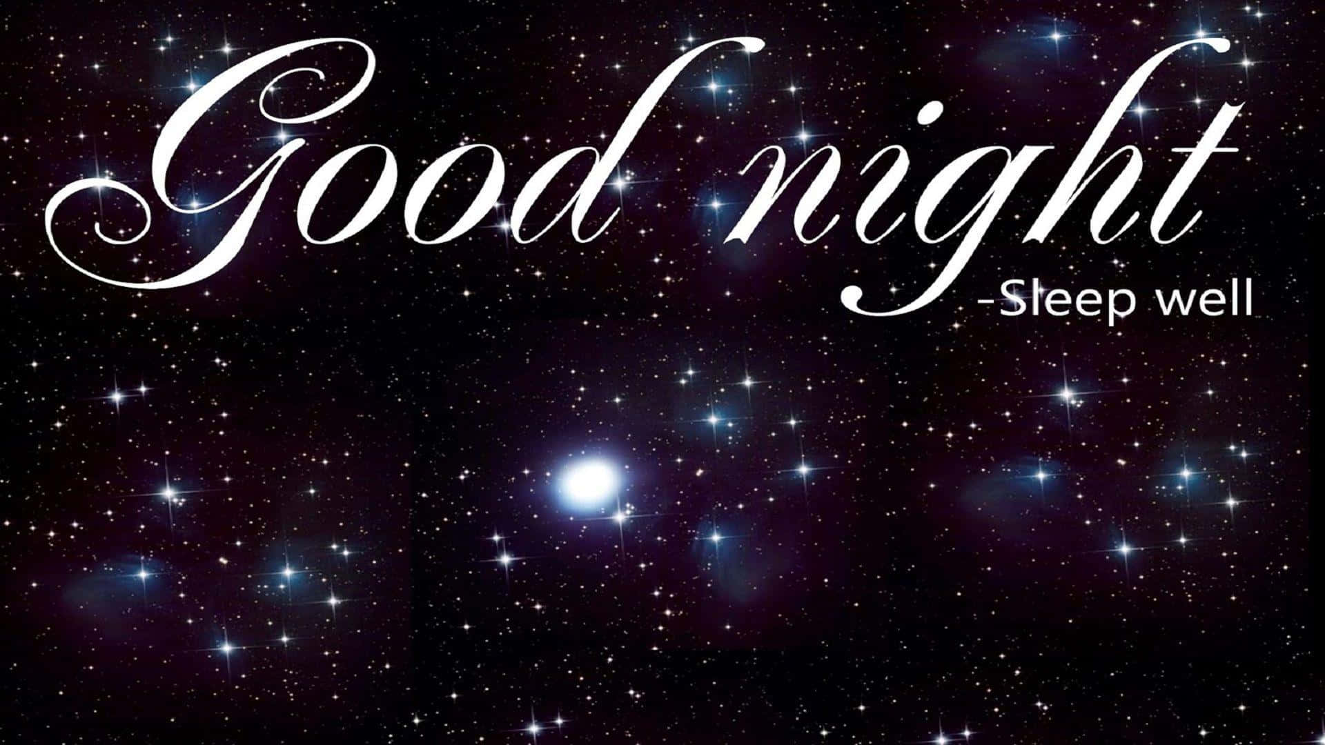 good night animated 桌布 壁紙 — 一個繁星閃爍的夜空，有明亮的月亮，上面有優雅的白色草書文字寫著「晚安 - 睡得好」。