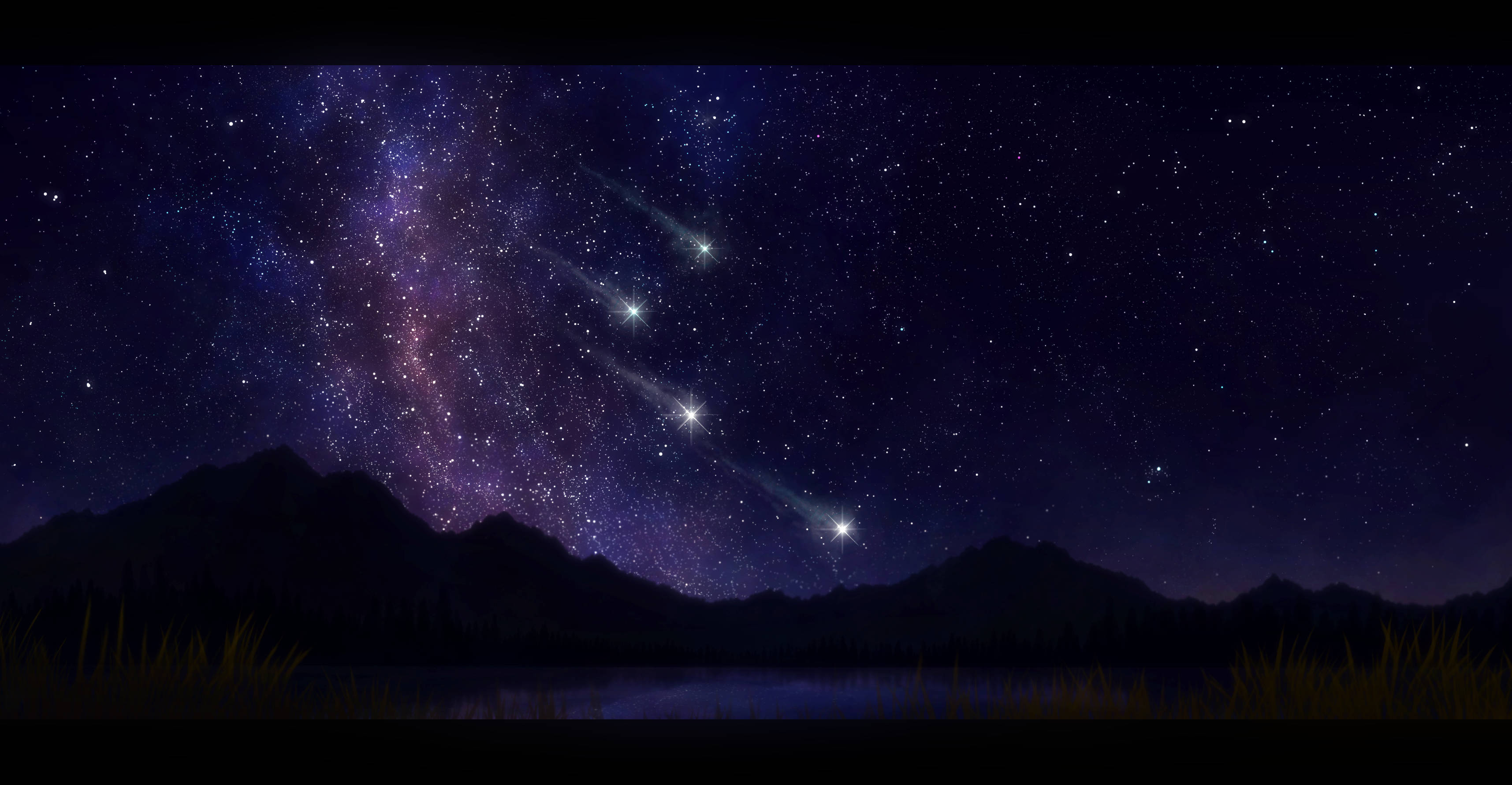 夜空 桌布 壁紙 — 一個繁星點點的夜空，帶有充滿活力的紫色星系和流星，拱形在黑暗的山脈輪廓和寧靜的湖泊之上。