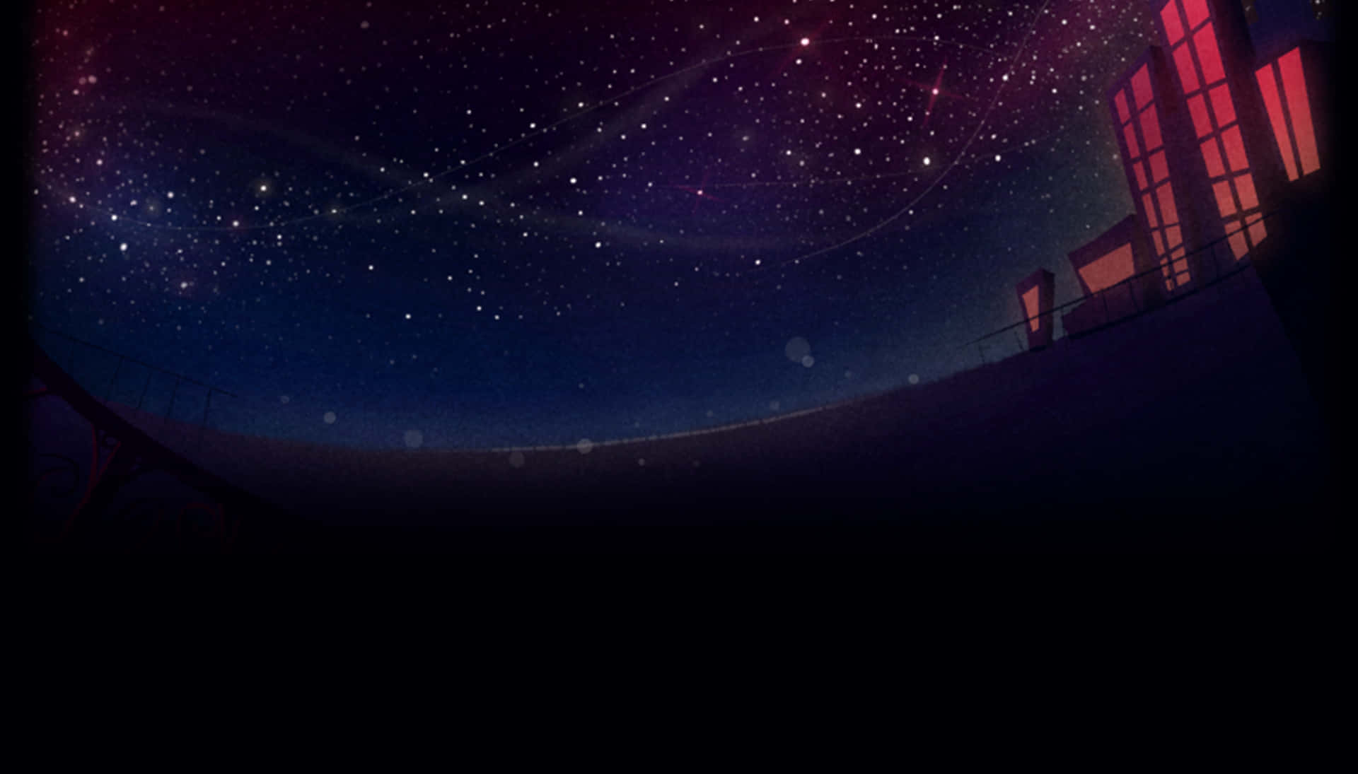 Detective 桌布 壁紙 — 一個繁星點點的夜空，帶有紫色和藍色色調，位於黑暗的屋頂上方，發光的紅色窗戶照亮了建築物的輪廓。